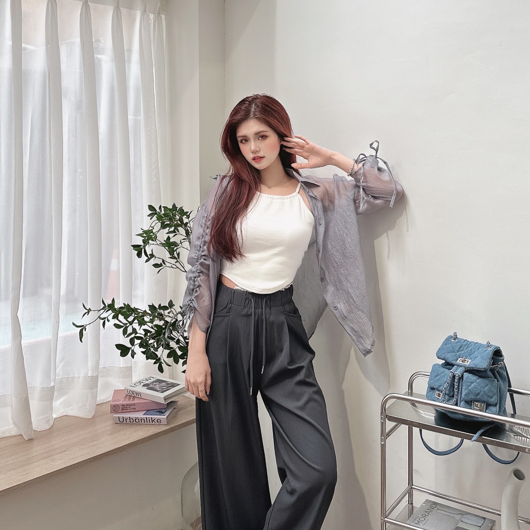 微光澤手袖抽繩襯衫/三色