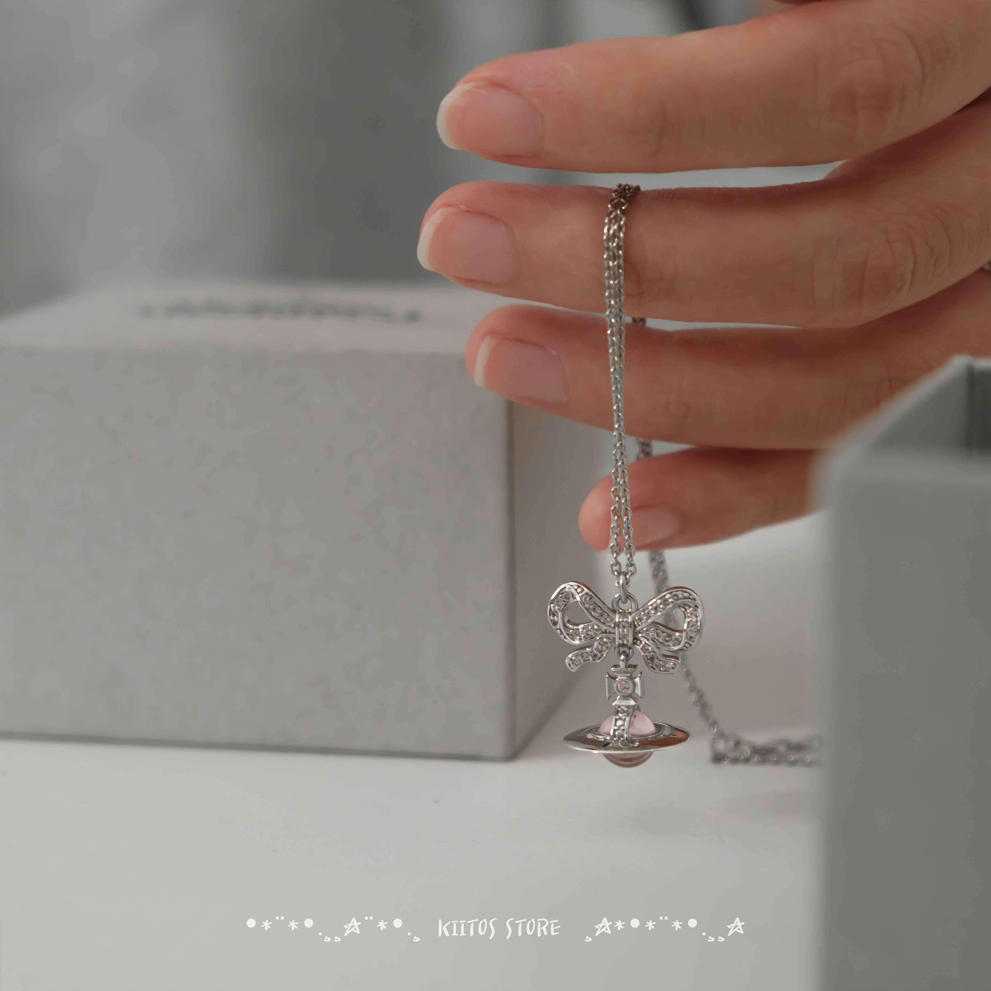 Vivienne Westwood Octavie Necklace 夢幻立體蝴蝶結 粉色土星純銀純銀項鍊 長款