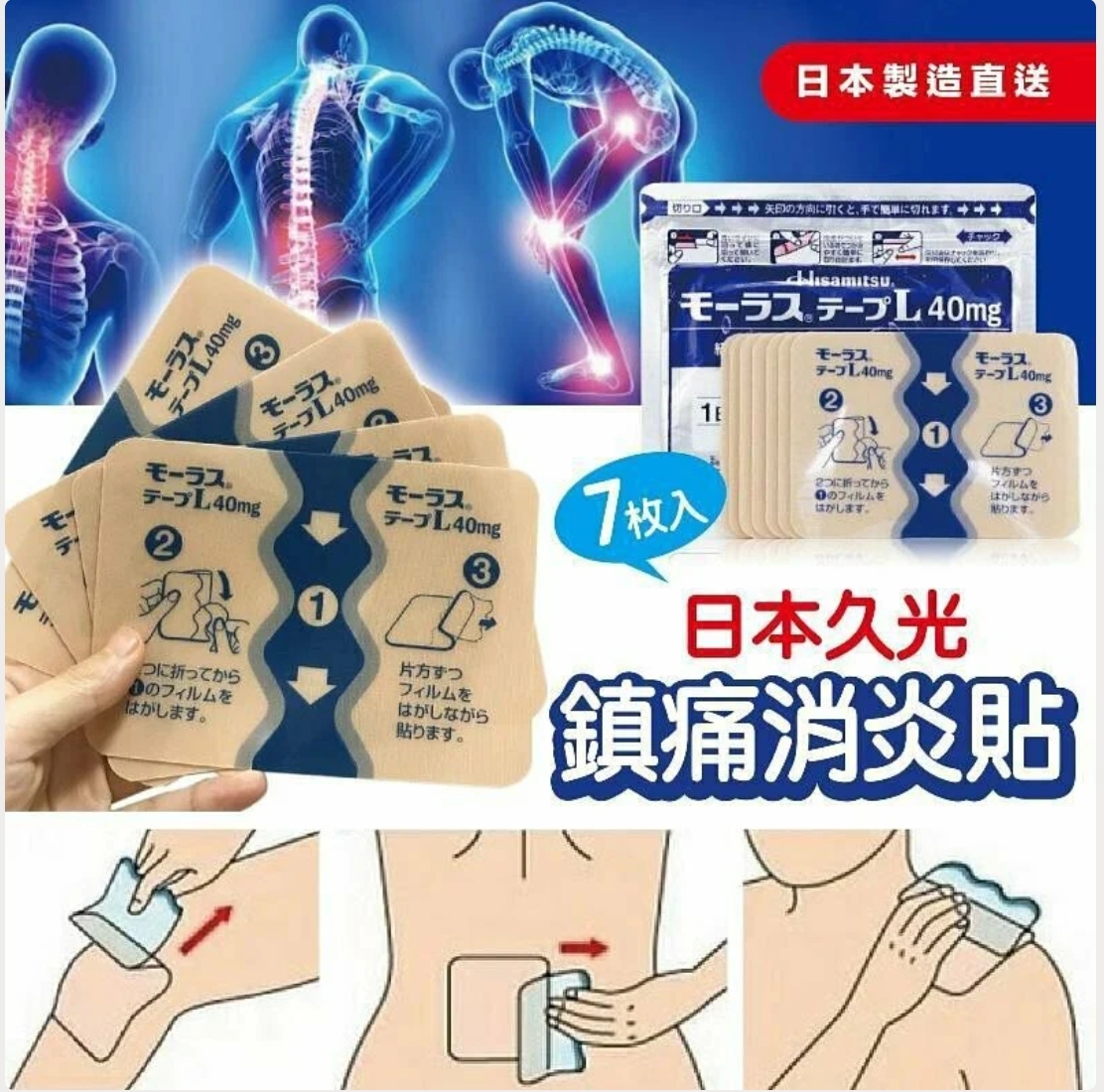 日本 久光貼布 處方級鎮痛消炎貼 40mg｜肩頸・腰痛・關節不適緩解（7枚）