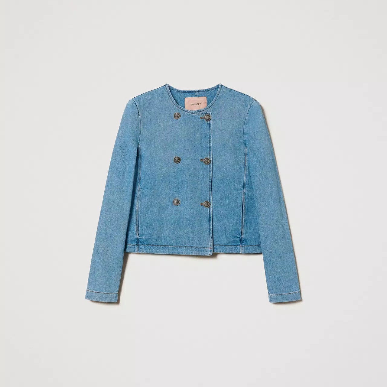 1TS0402-141 TWINSET Denim Jacket with Mandarin Collar Blue #241TP2630 (C-EU-E)