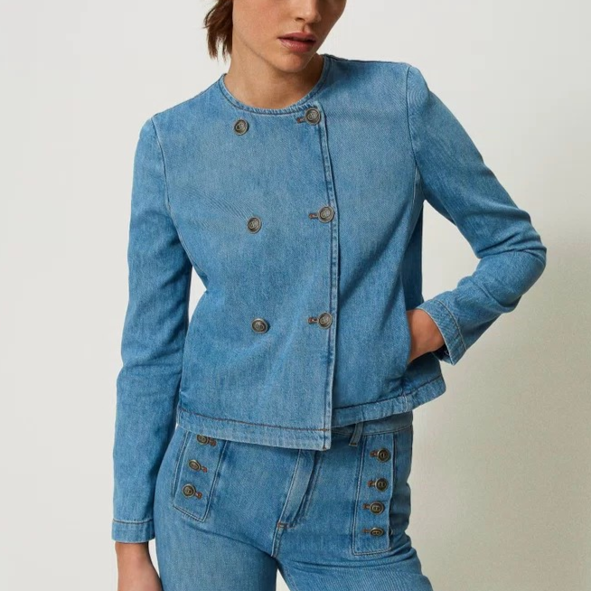 1TS0402-141 TWINSET Denim Jacket with Mandarin Collar Blue #241TP2630 (C-EU-E)