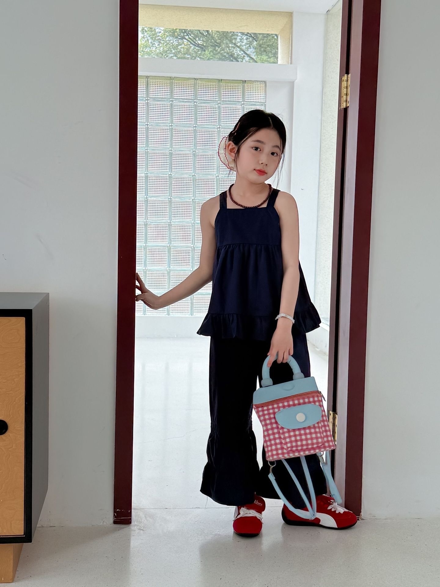 藏青色棉布吊帶喇叭褲套裝