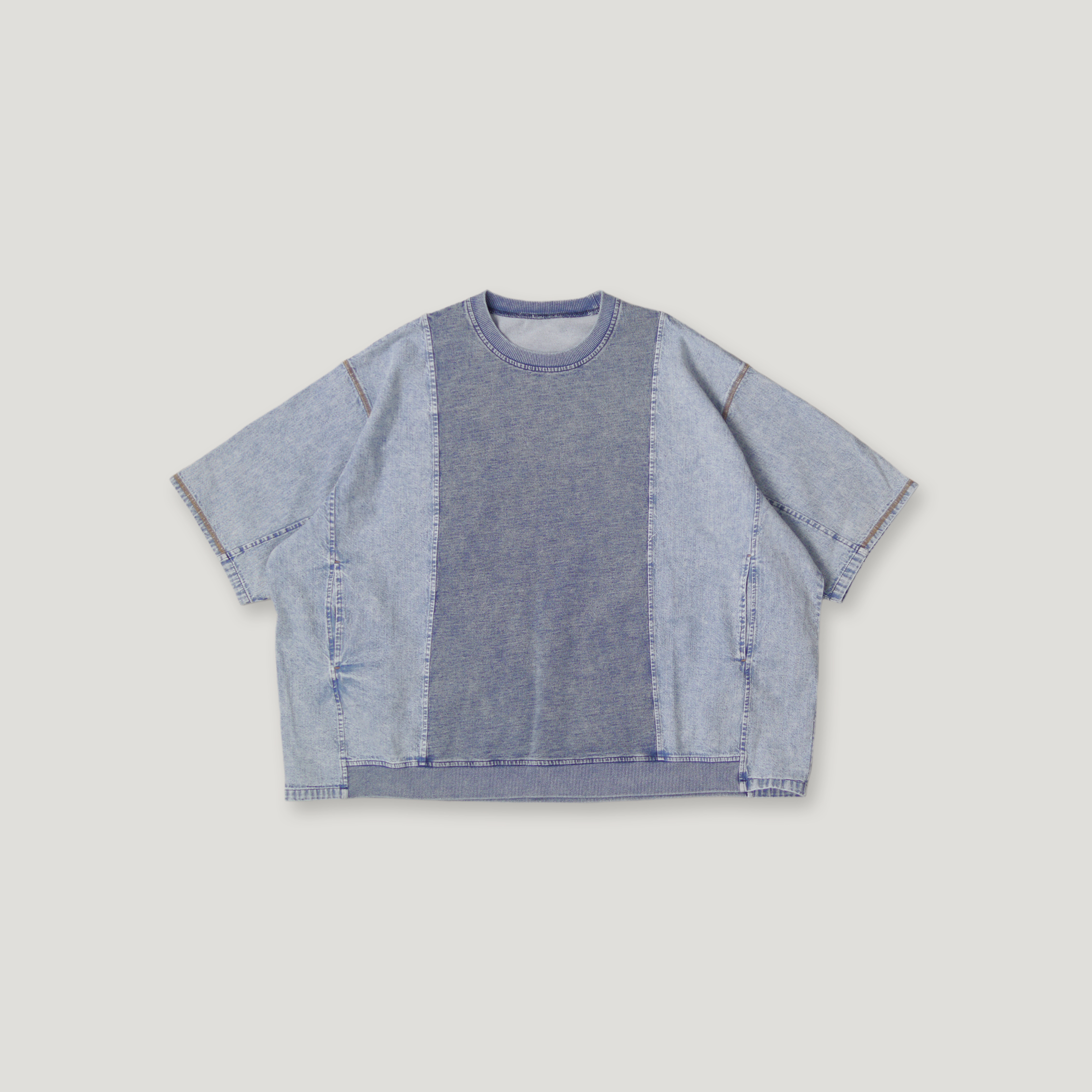 J.P.L. 圓領八分袖拼接水洗丹寧上衣 ╭ 3色 ╮