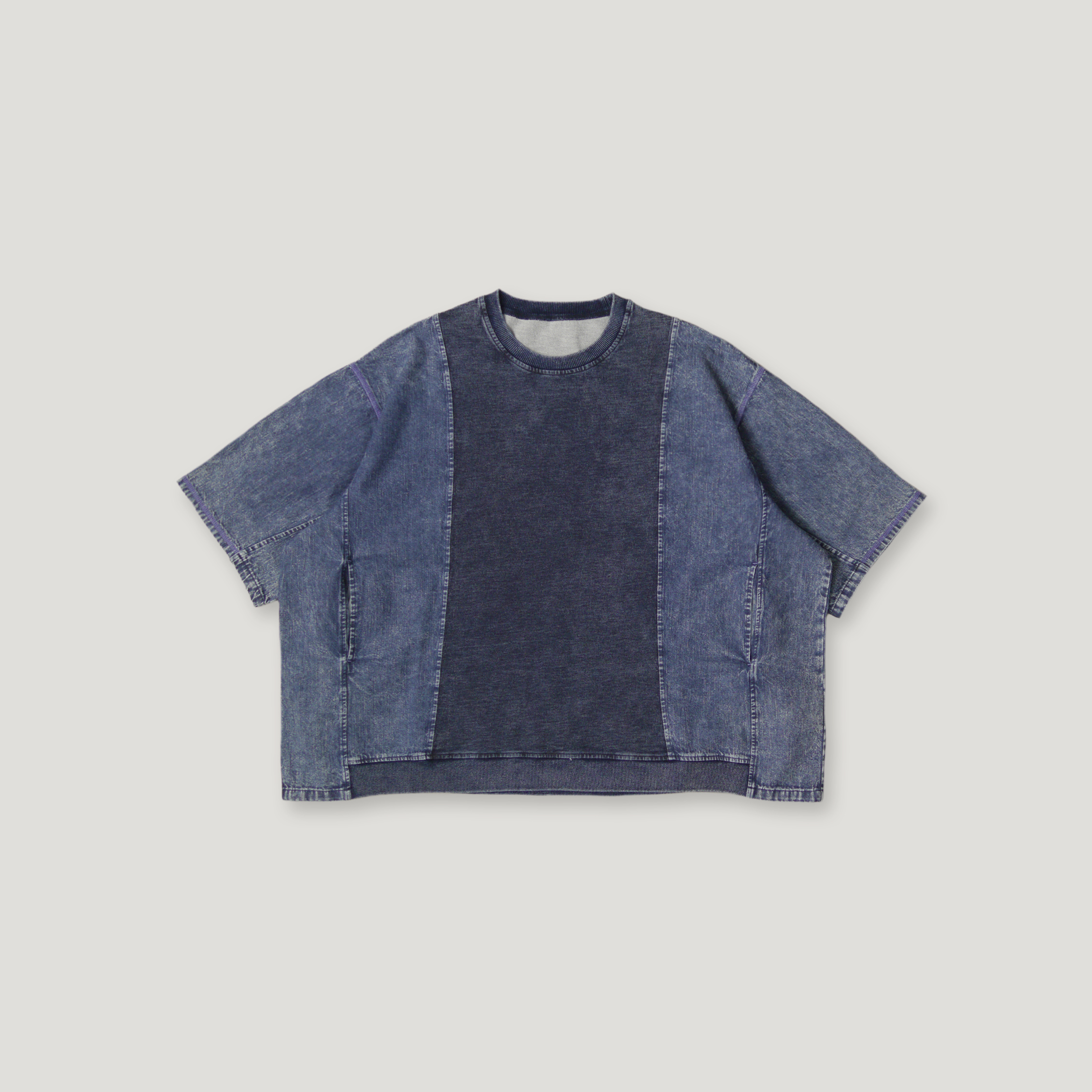 J.P.L. 圓領八分袖拼接水洗丹寧上衣 ╭ 3色 ╮