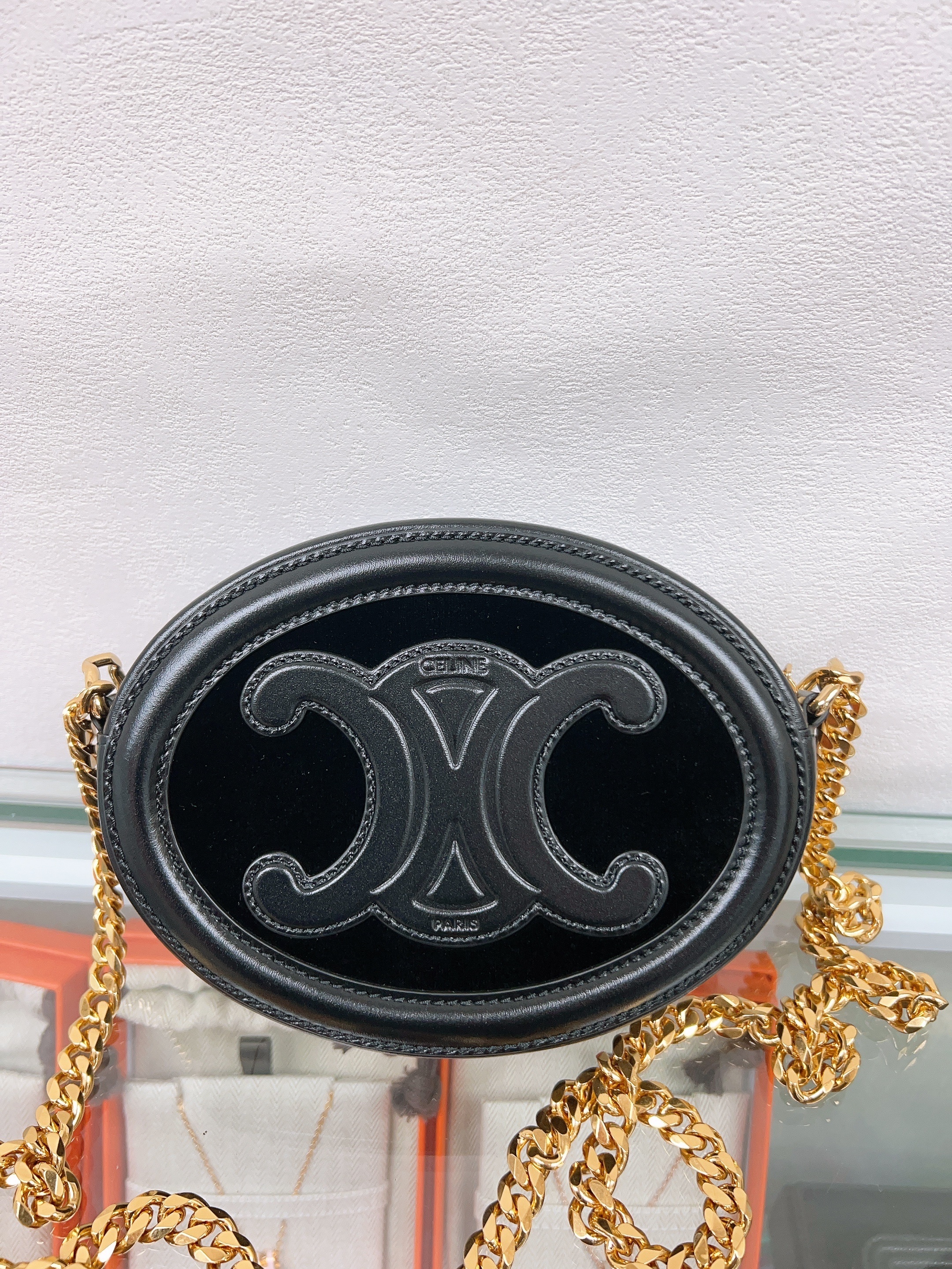 Celine triomphe oval round chain bag (black velvet)