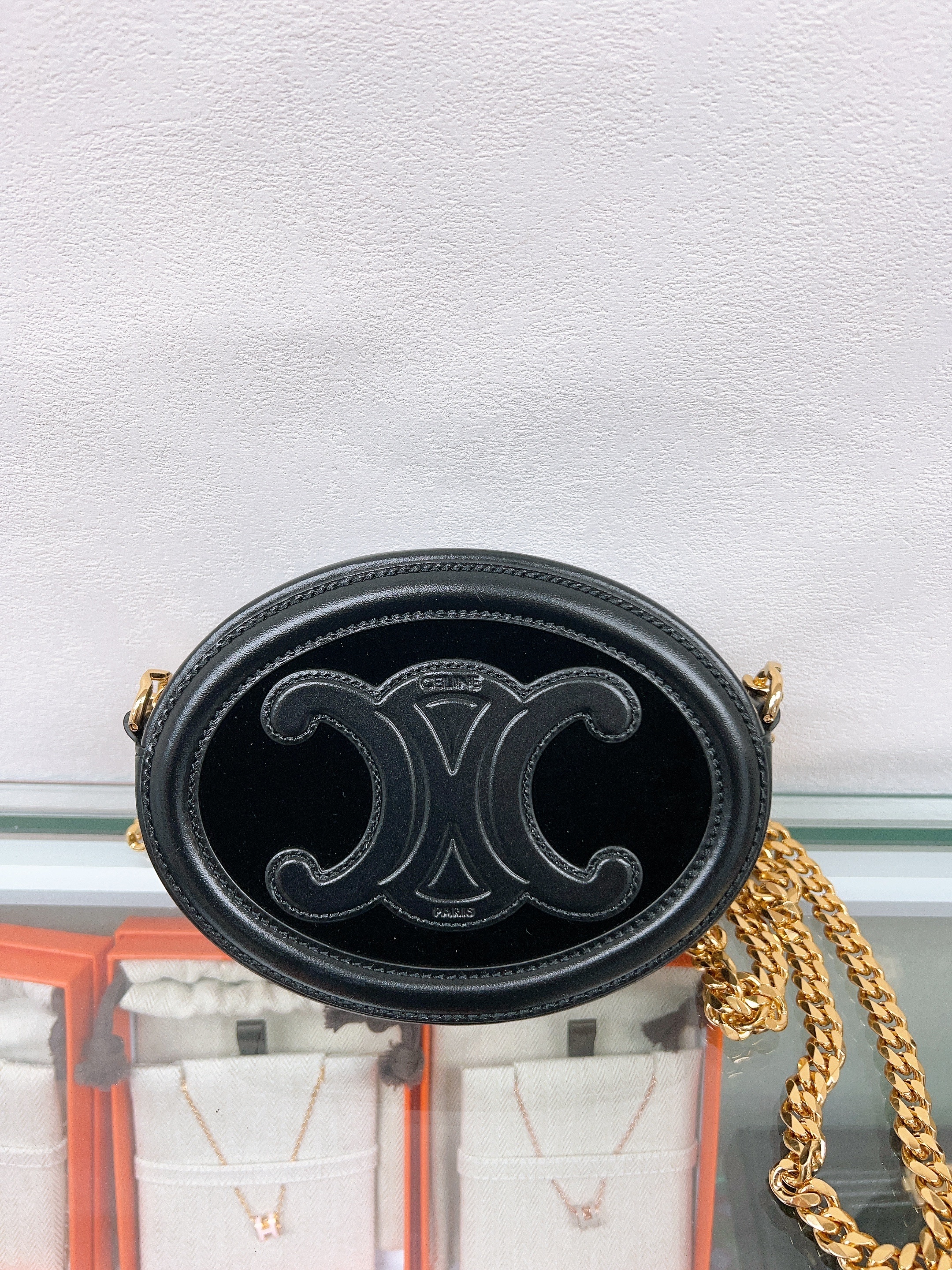 Celine triomphe oval round chain bag (black velvet)