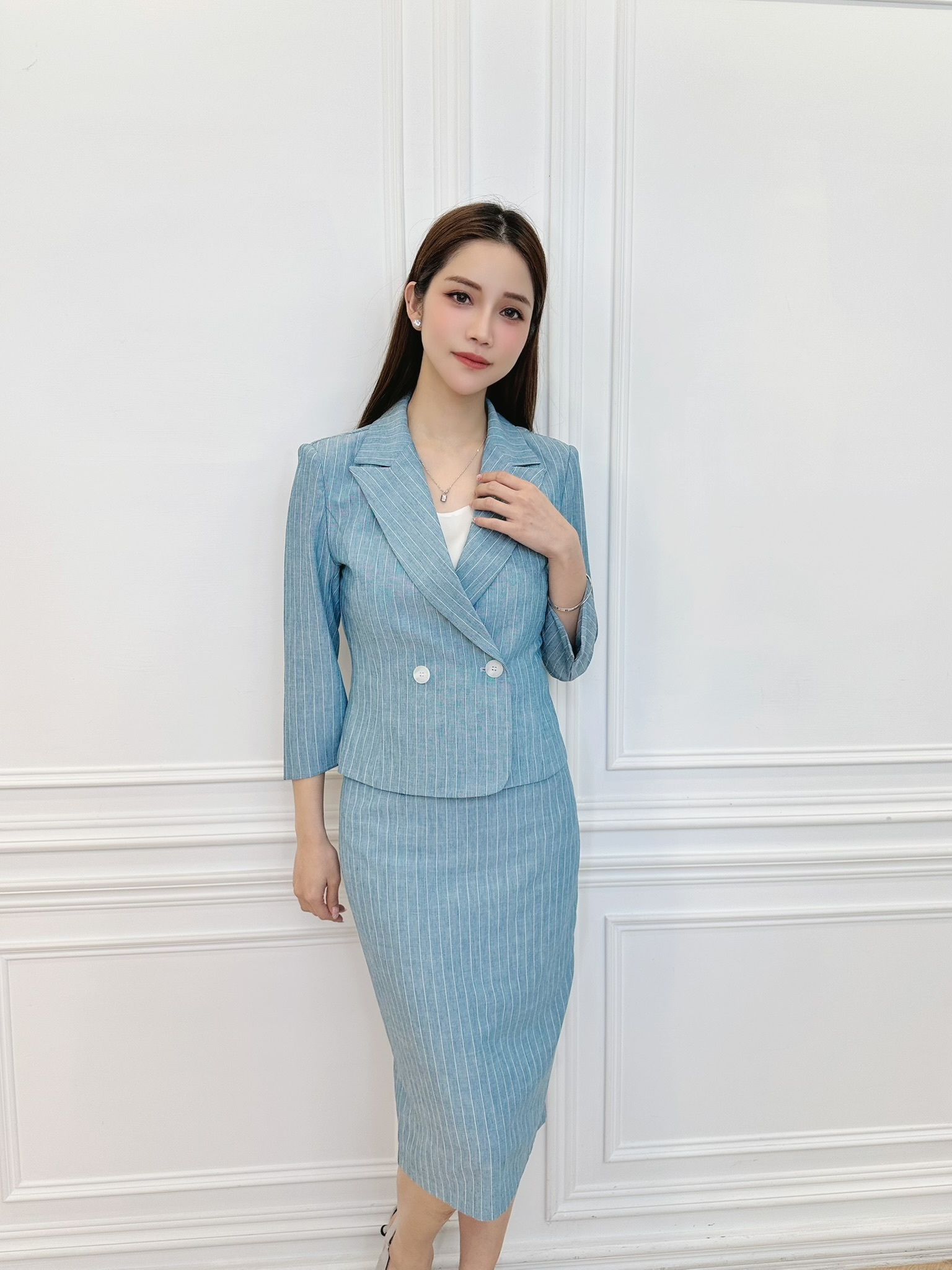 (俐落絕美!)棉麻條紋套裝