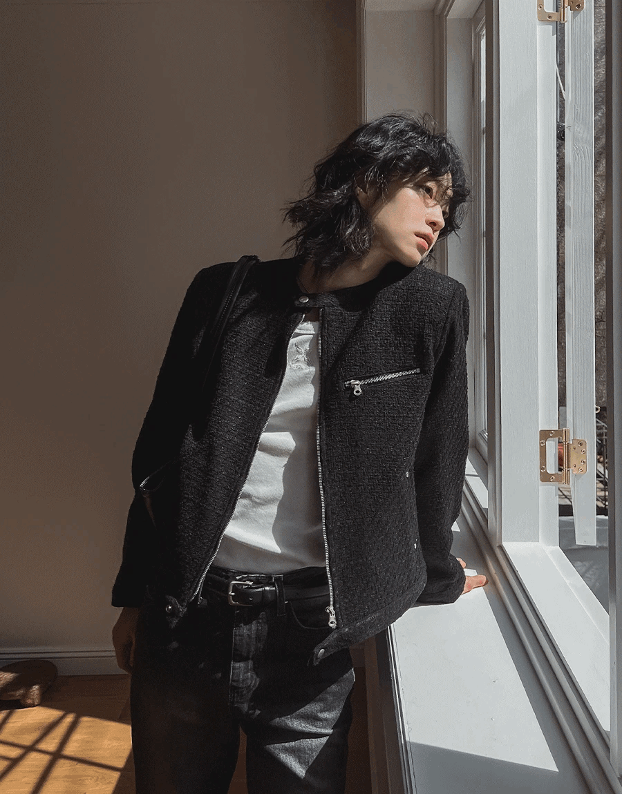 混色粗花呢小香機車短版夾克外套