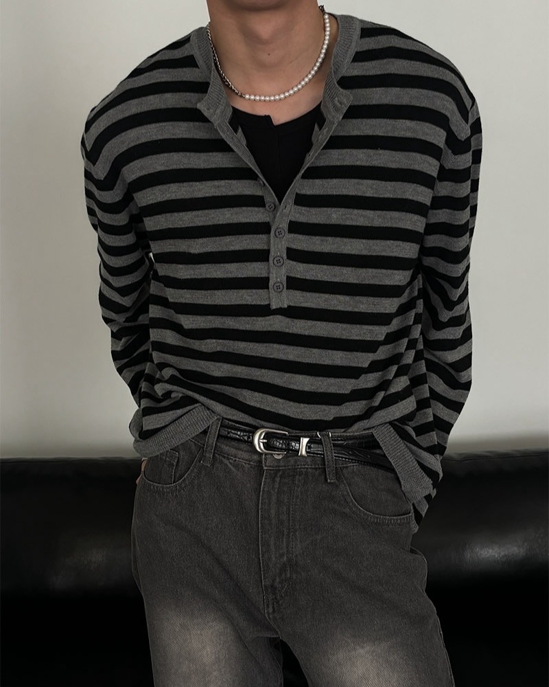 亨利領條紋薄款針織衫