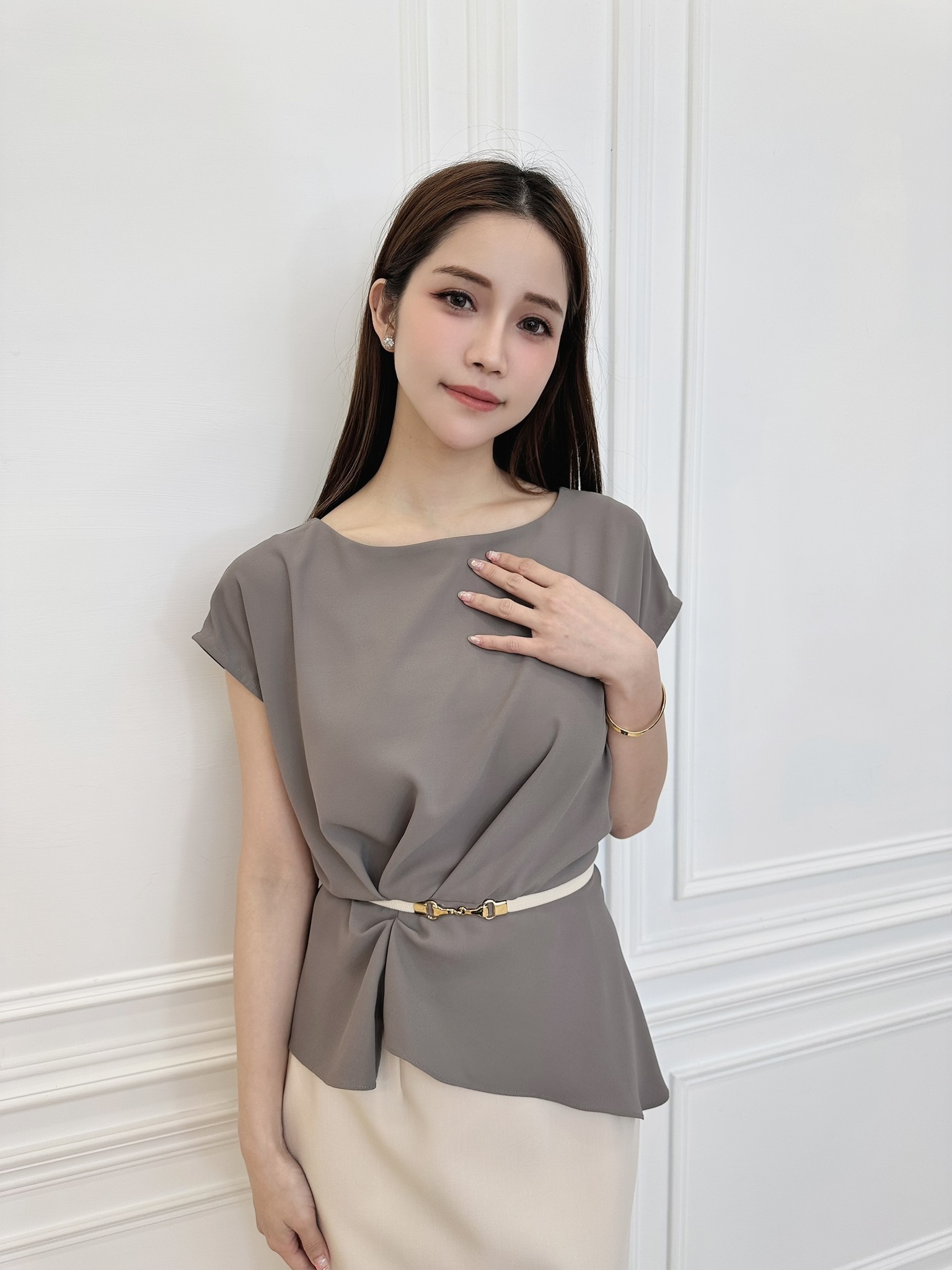 腰間側抓皺短袖上衣