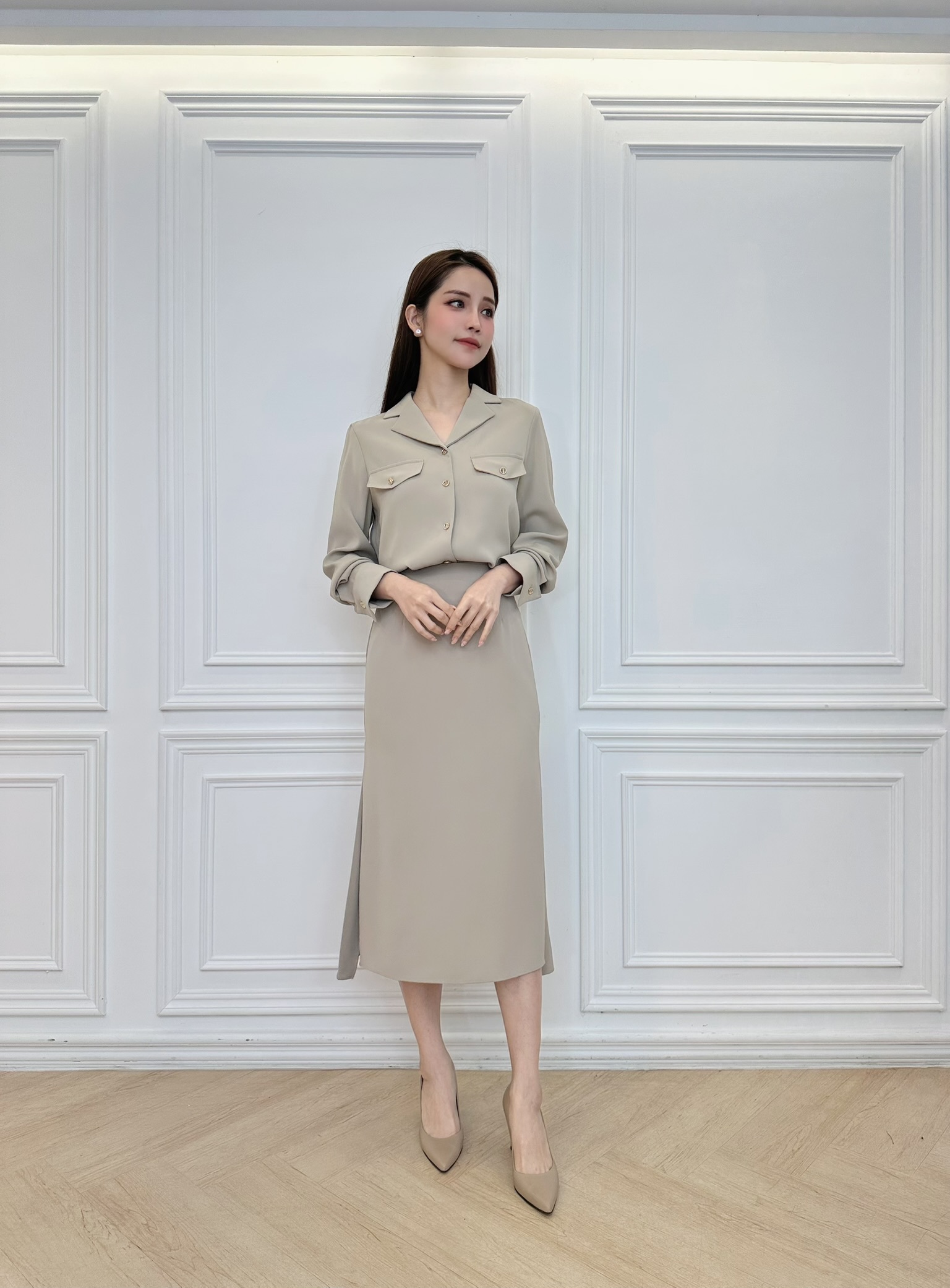 金釦襯衫開衩傘裙套裝