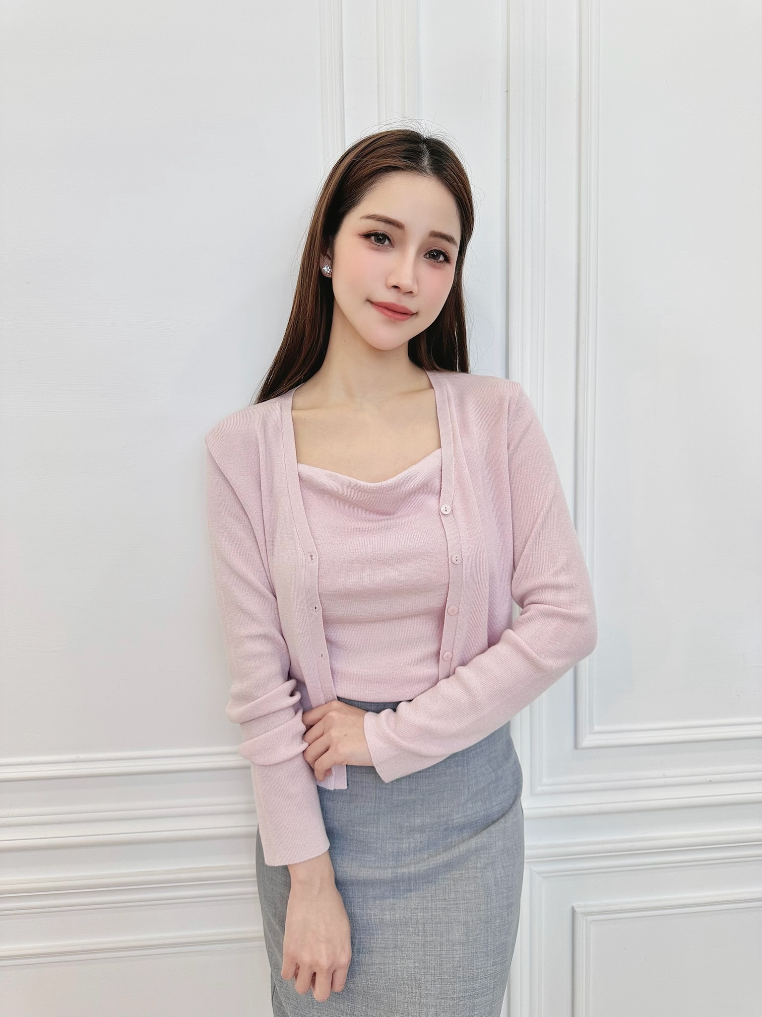 細緻針織垂墜領背心+外套組