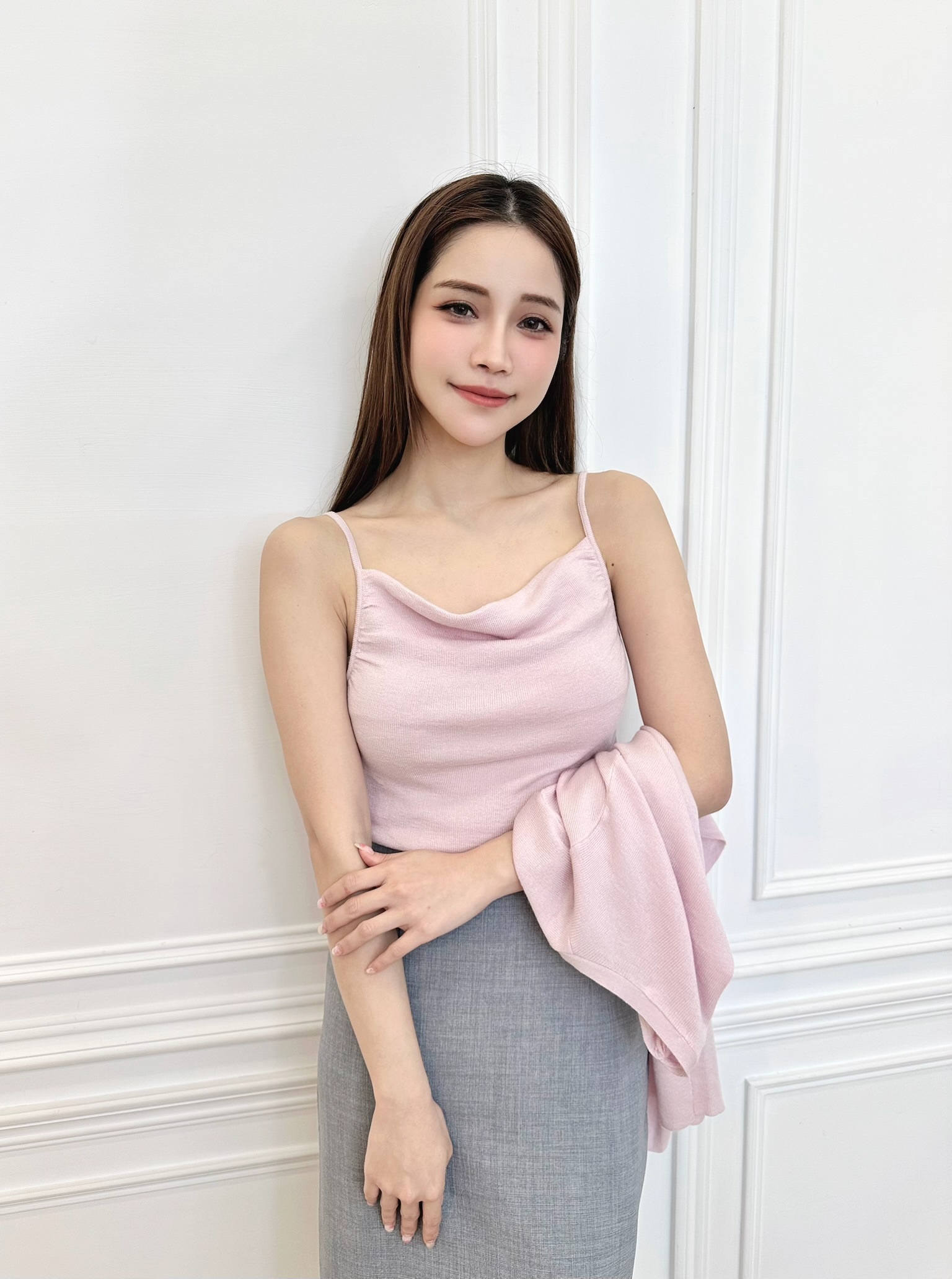 細緻針織垂墜領背心+外套組