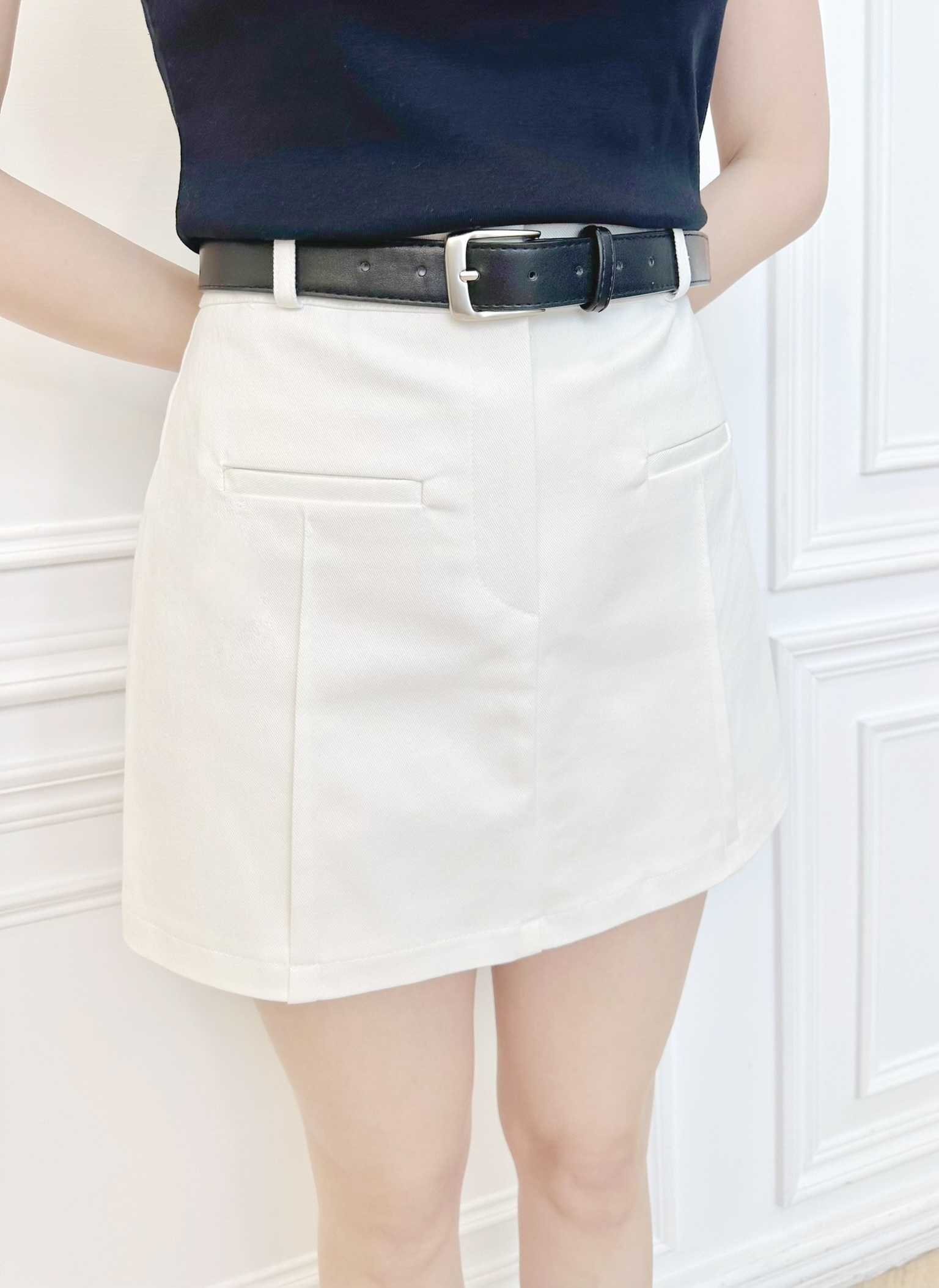 雙口袋皮帶褲裙