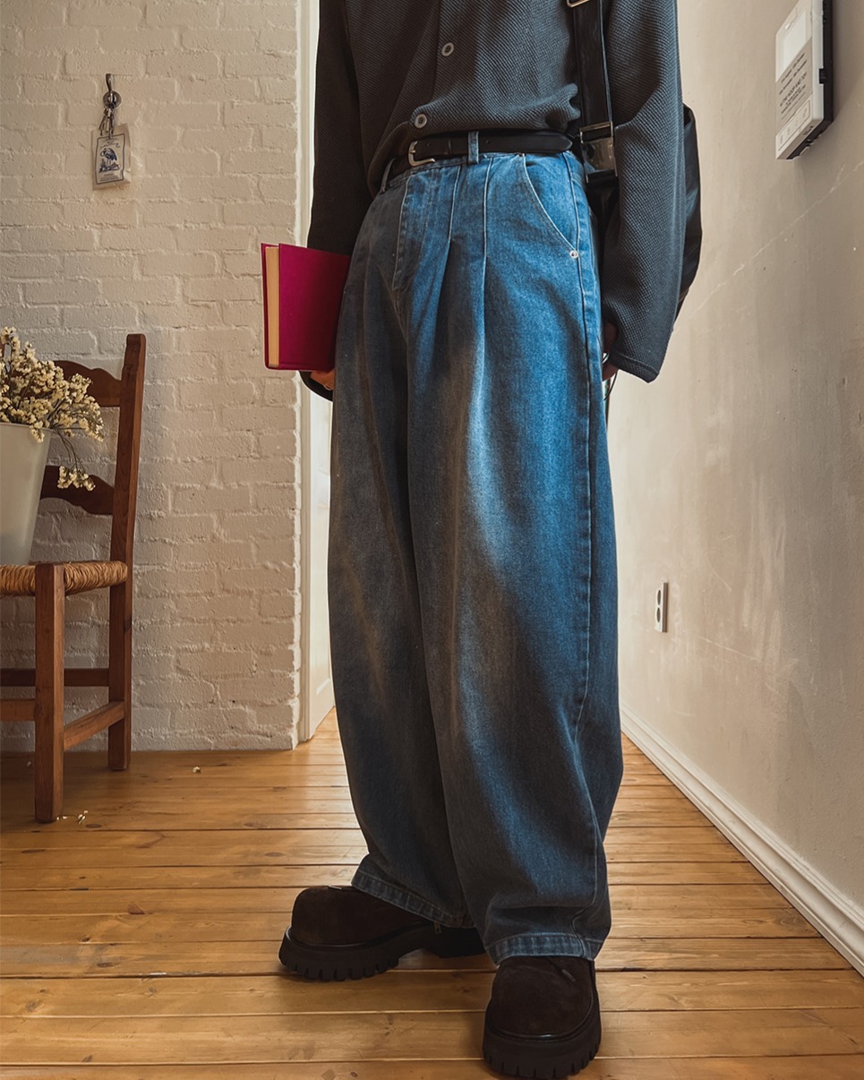 褶皺蓬蓬寬牛仔褲