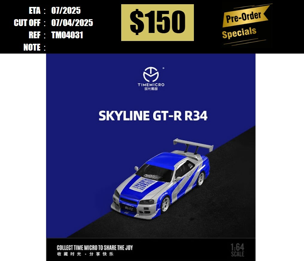 PO-$150 * TIME MICRO * 1:64 NISSAN SKYLINE GT-R R34 V-SPEC II BLUE-SILVER [OD03/04]