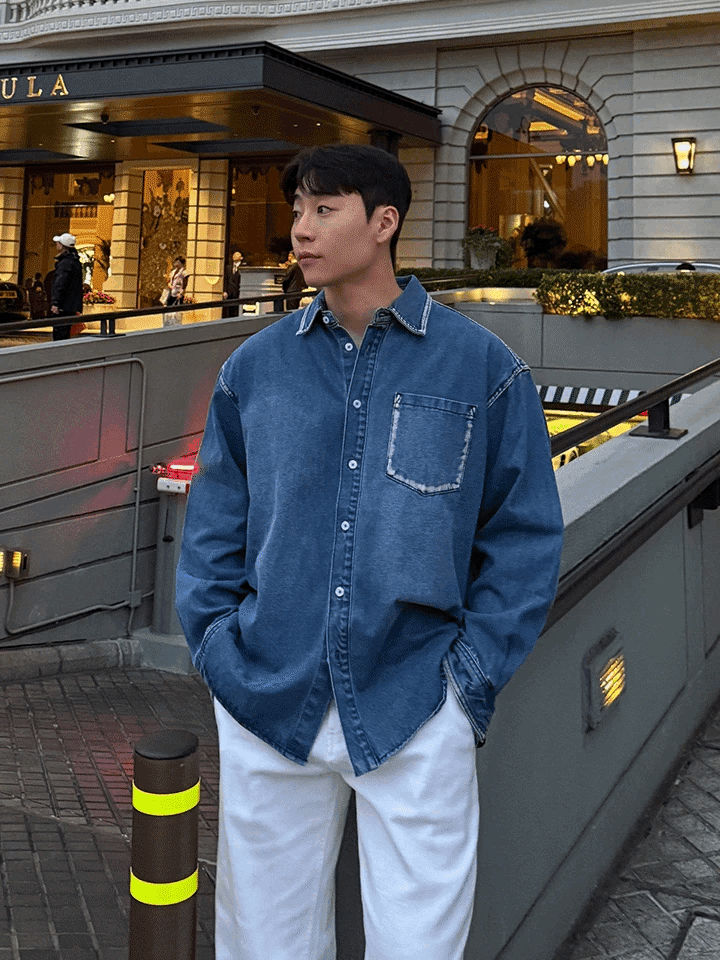 毛邊口袋牛仔襯衫