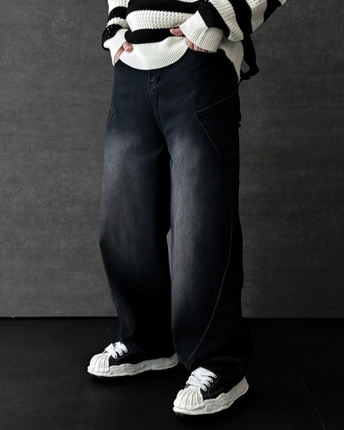 鬆緊帶大口袋寬管牛仔褲