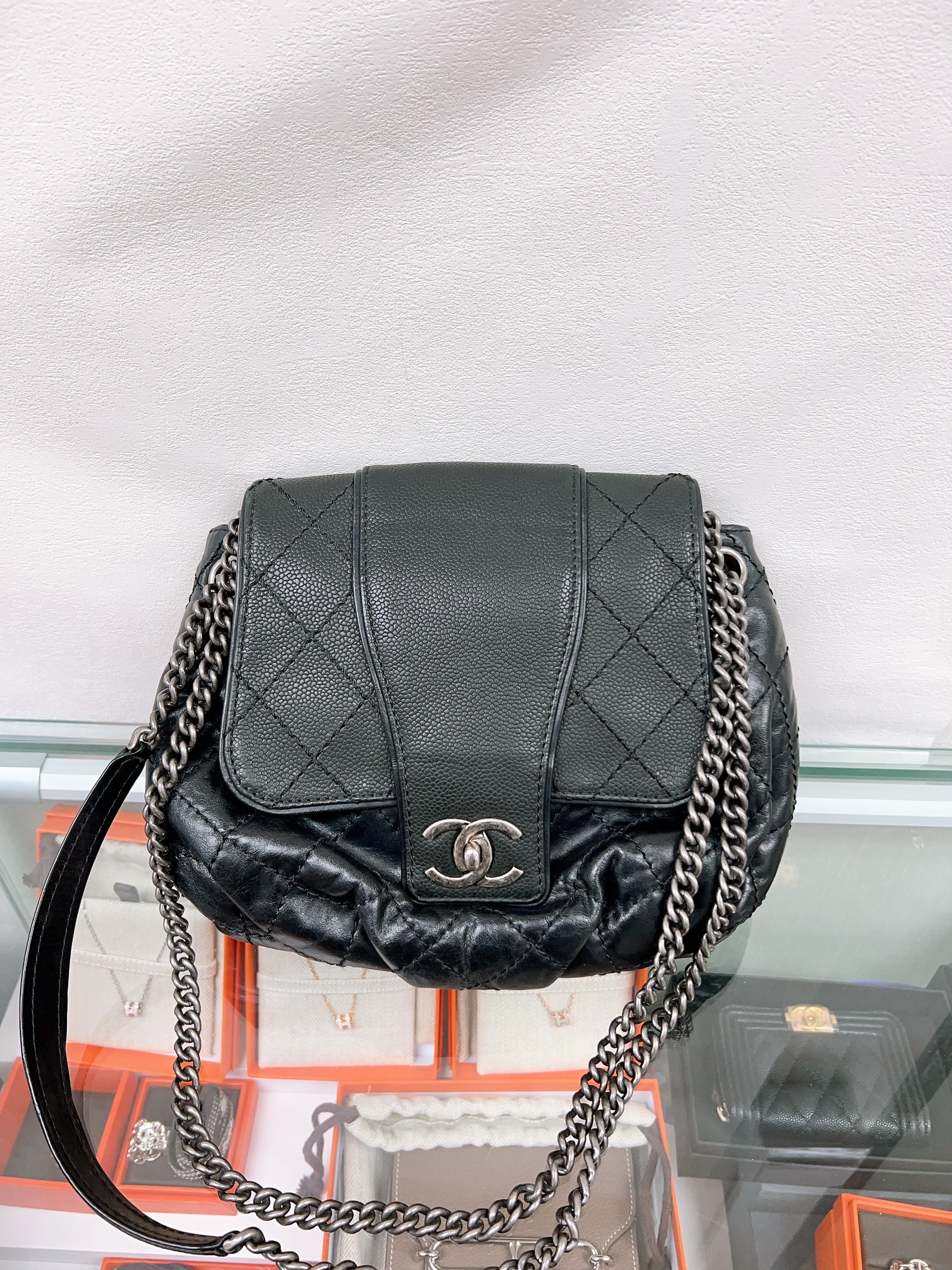 Chanel flap bag black silver
