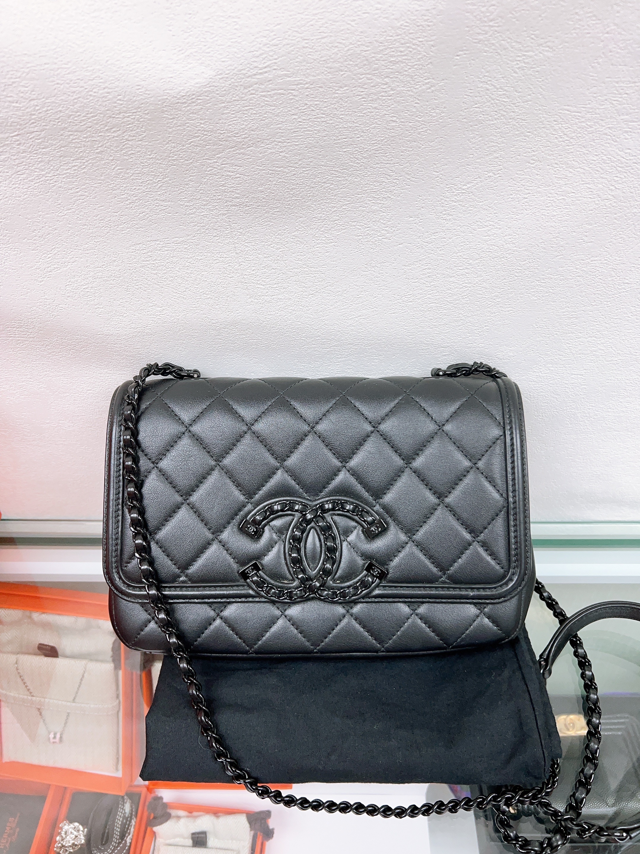 Chanel filigree flap bag so black