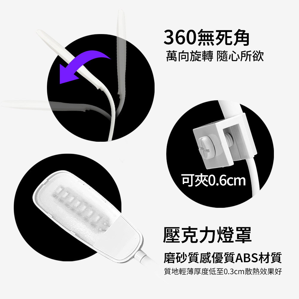 360無死角、可夾最高厚度0.6cm、壓克力燈罩，磨砂質感 ABS優質材質