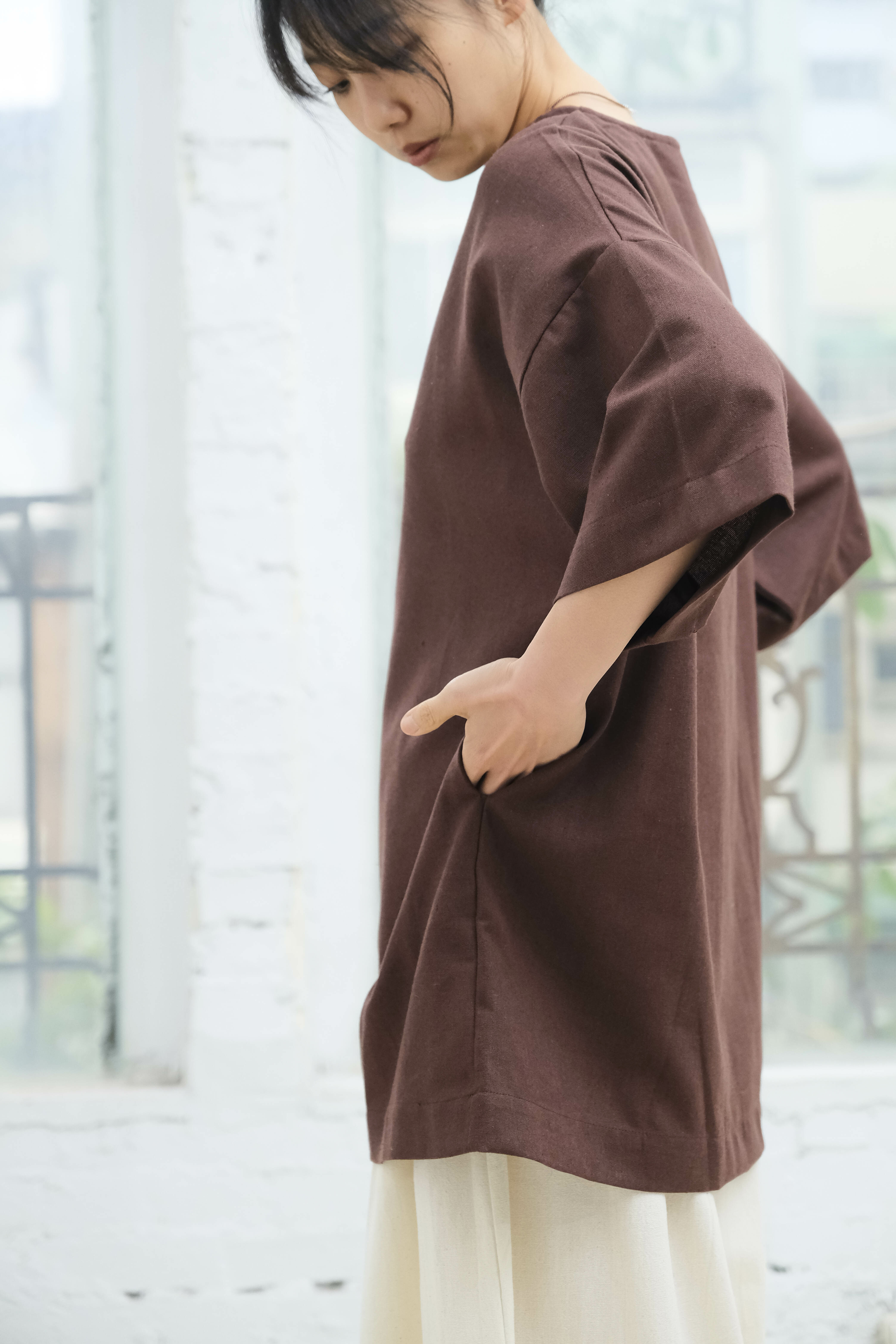 中性寬版口袋上衣 / 棉麻 深棕