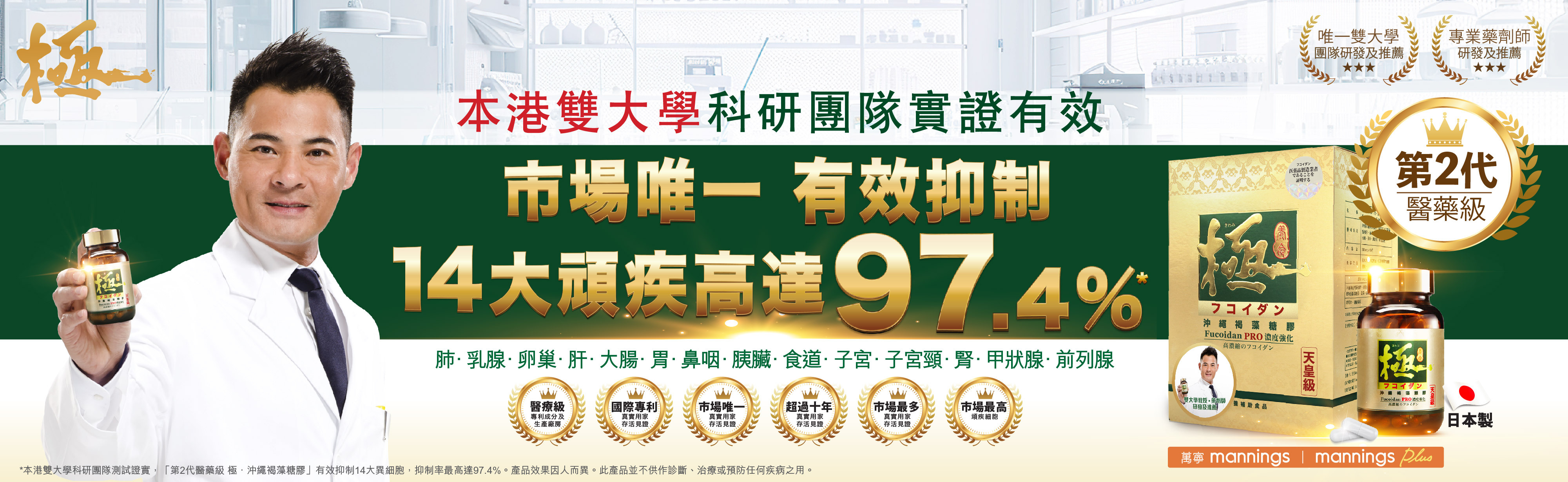 第2代醫藥級【極．沖繩褐藻糖膠】市場唯一雙大學科研團隊研發及測試，證實有效抑制14大異細胞高達97.4%