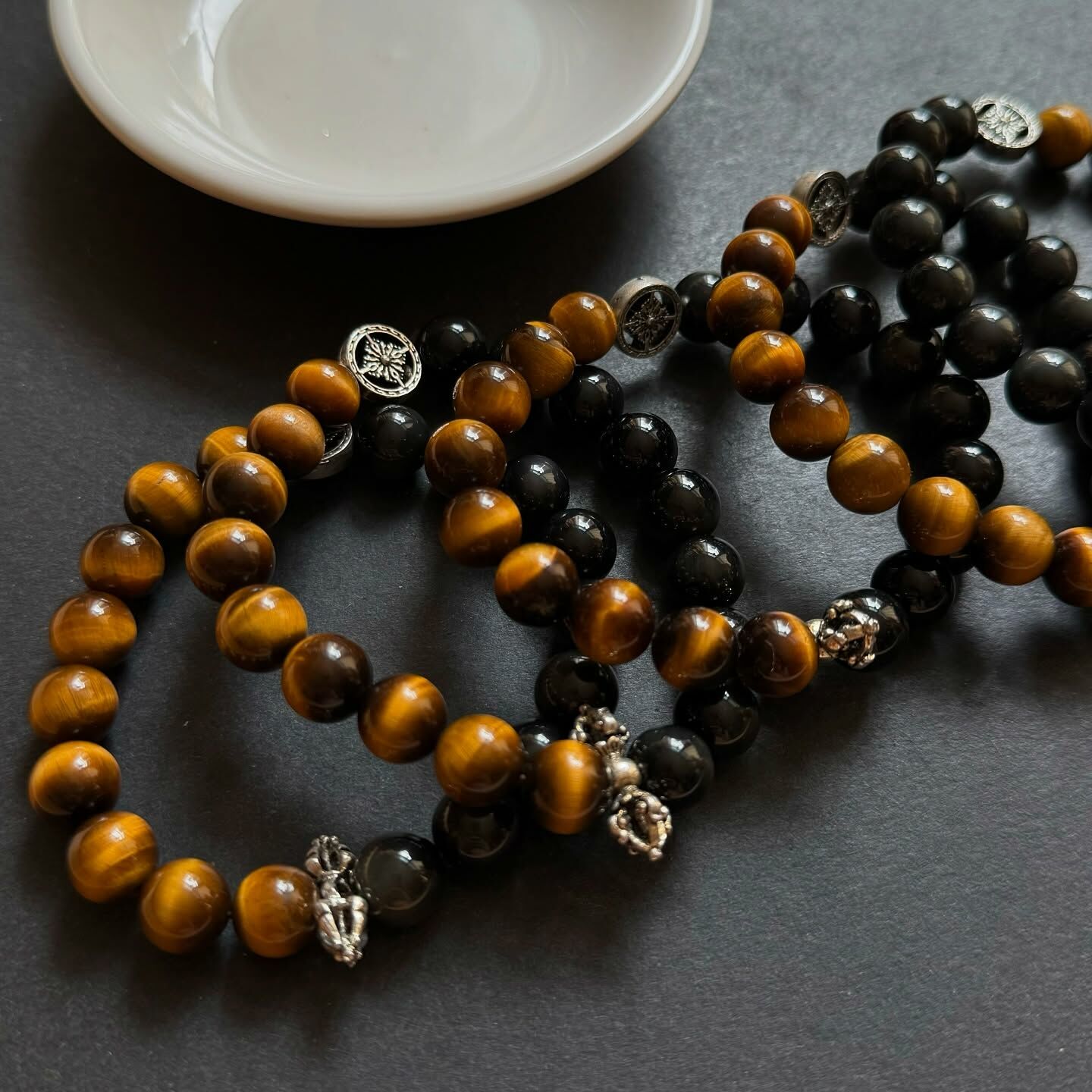 [原石] 虎眼石+彩虹黑曜石+金剛杵 設計款水晶手串