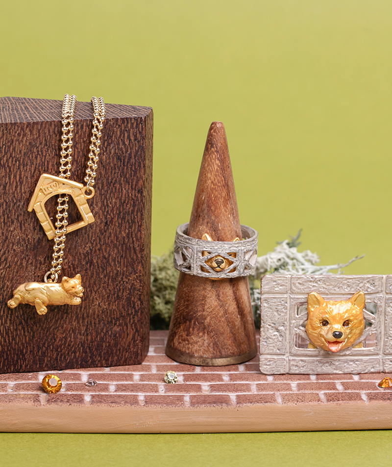 柴犬從磚牆的縫隙中探出戒指/心口針