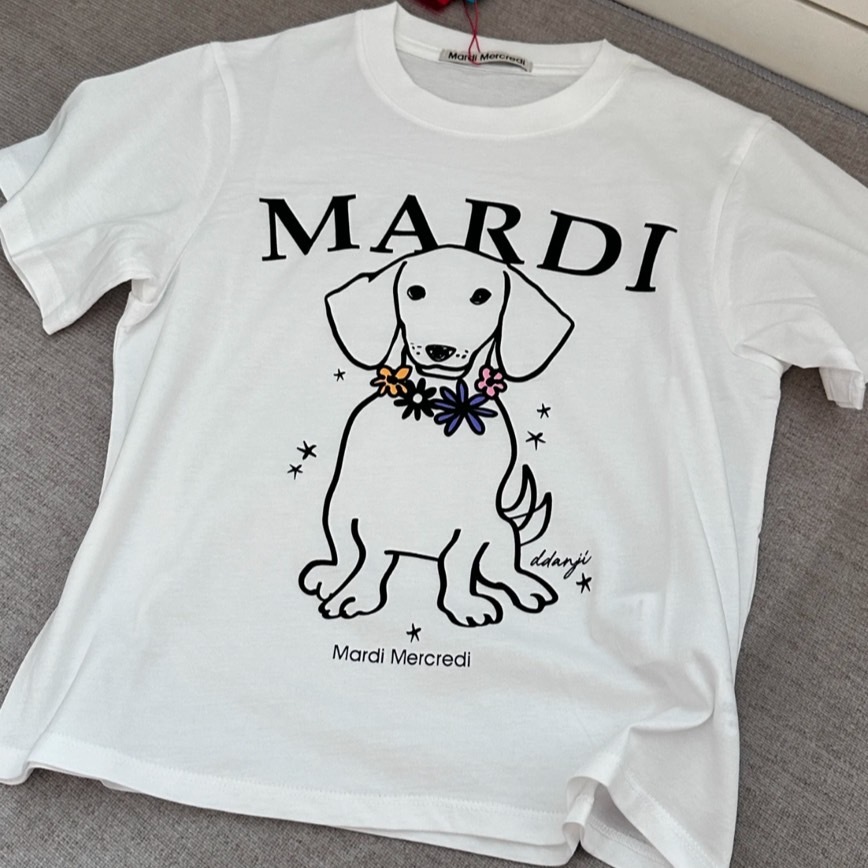 MARDI MERCREDI 韓國限定 藍標 臘腸狗 珍珠項鍊 短版 短袖
