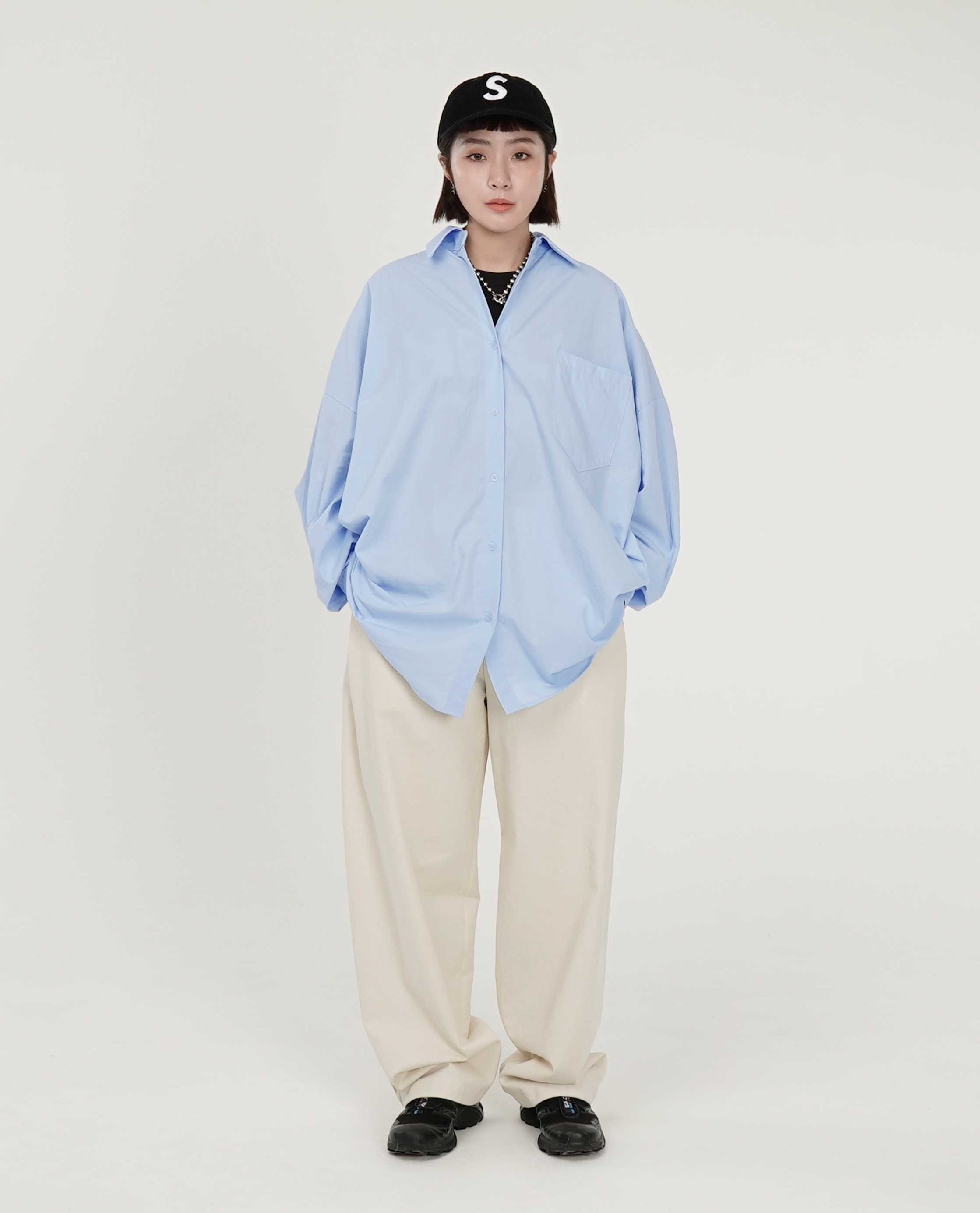 側摺後鬆緊挺直筒褲