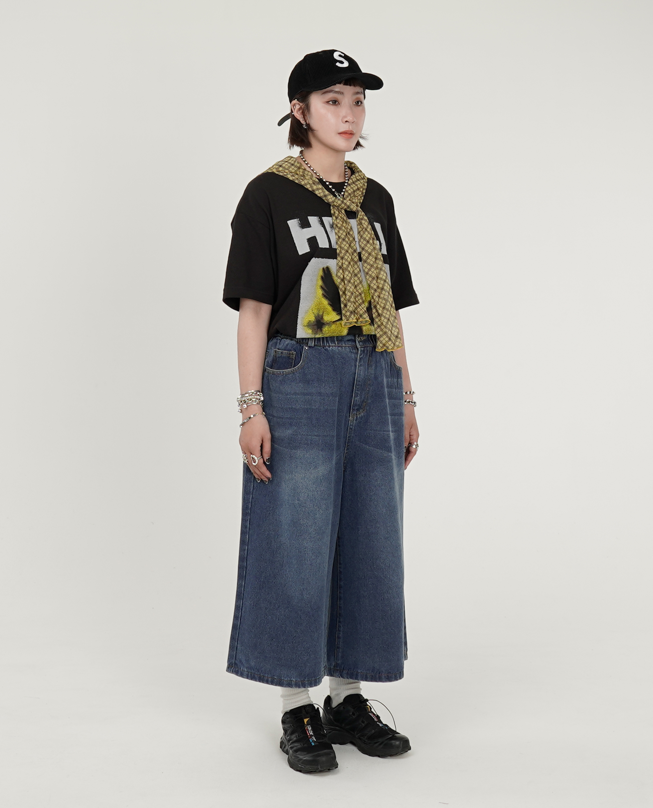 鬆緊7分A字牛仔