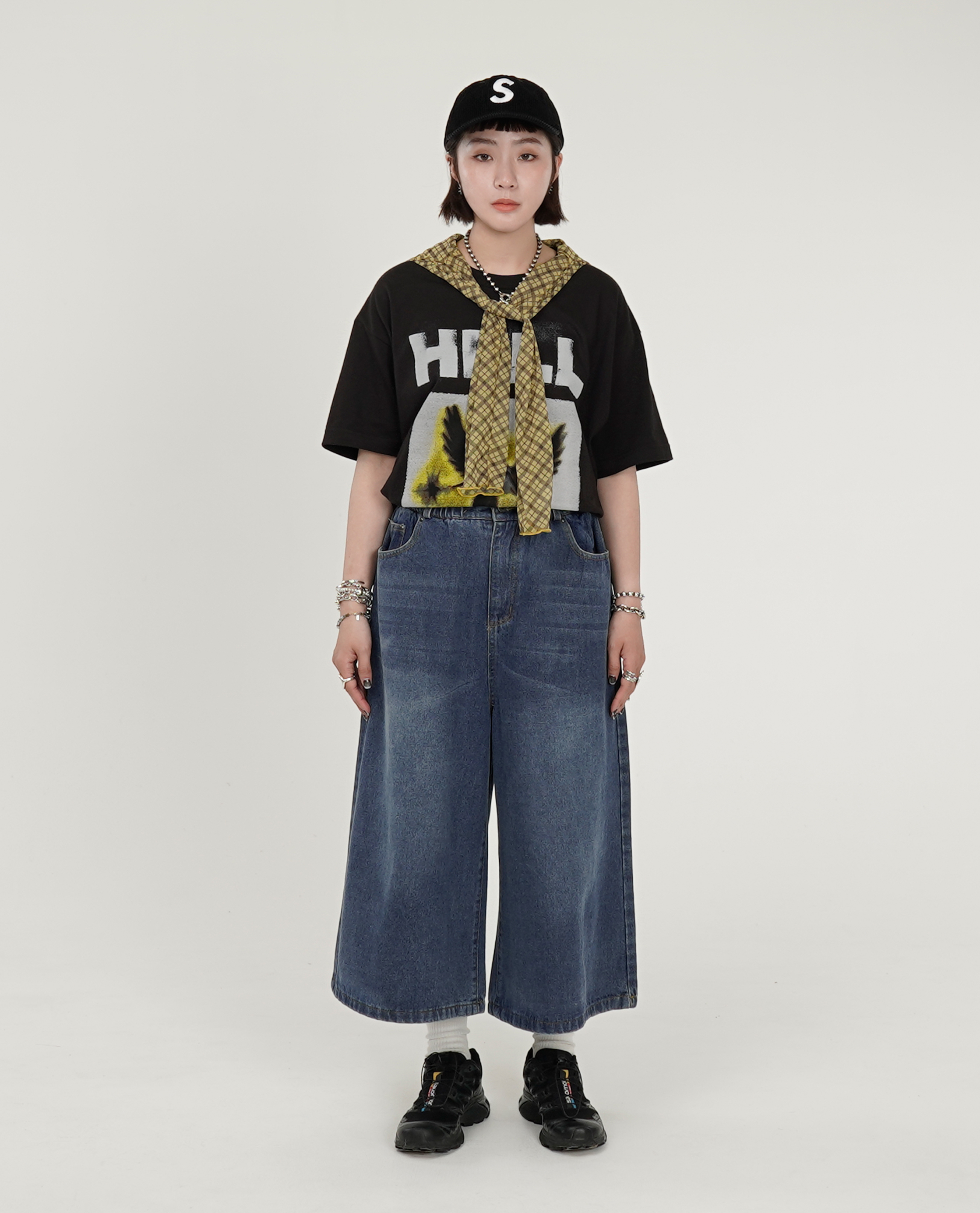 鬆緊7分A字牛仔