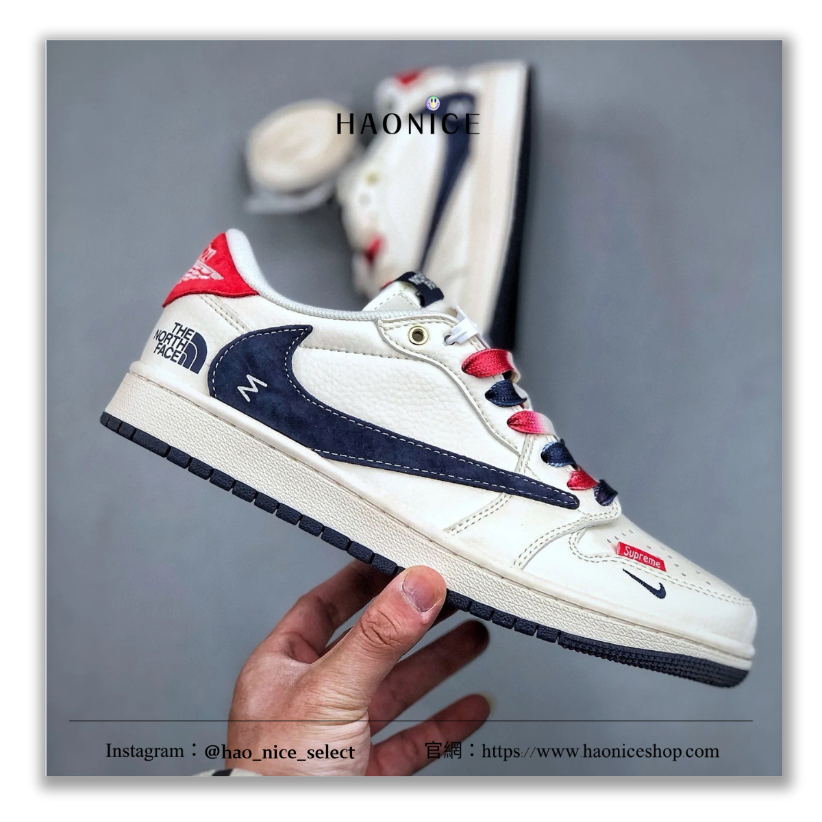 【HAO NICE】訂製 惡作劇特別款🔥Air Jordan 1 Low OG x Travis Scott x Supreme x The North Face多方聯名 經典logo海軍藍紅配倒勾 男女同款 板鞋 籃球鞋 FC1688-211