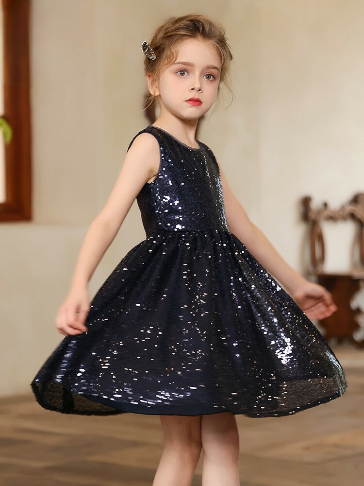 閃亮亮藏青及膝鋼琴生日表演小禮服裙