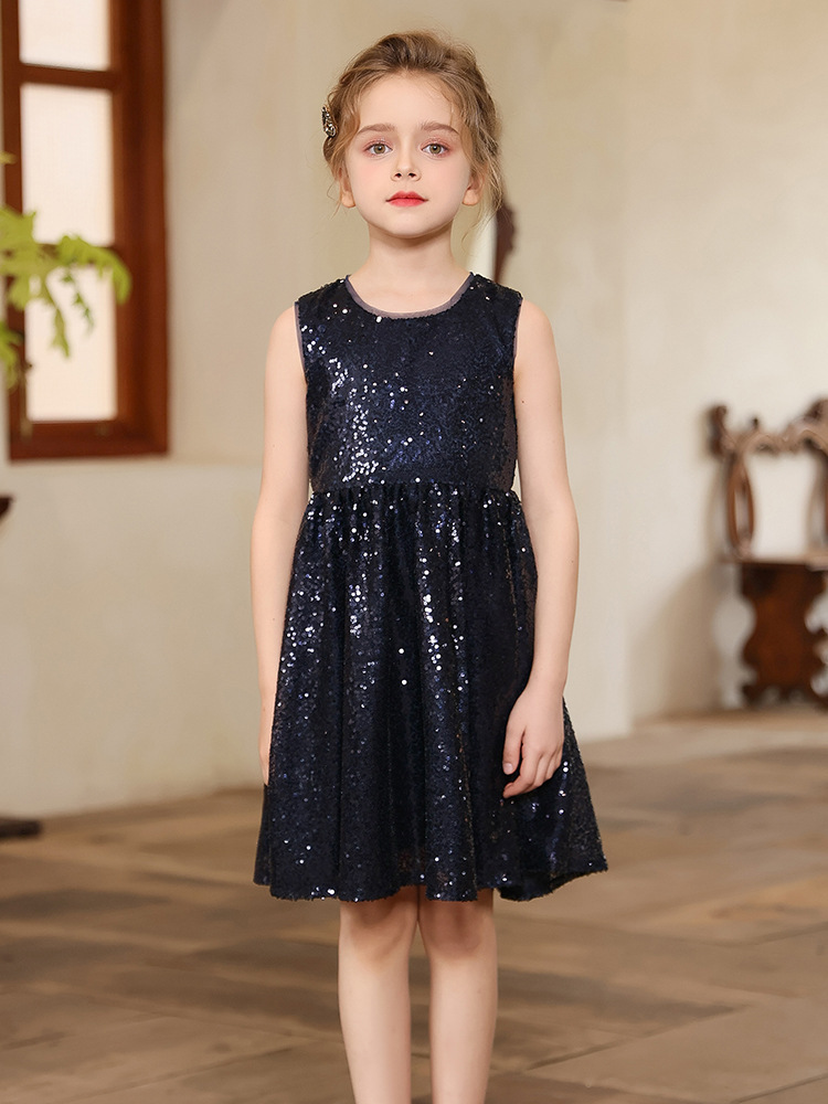 閃亮亮藏青及膝鋼琴生日表演小禮服裙