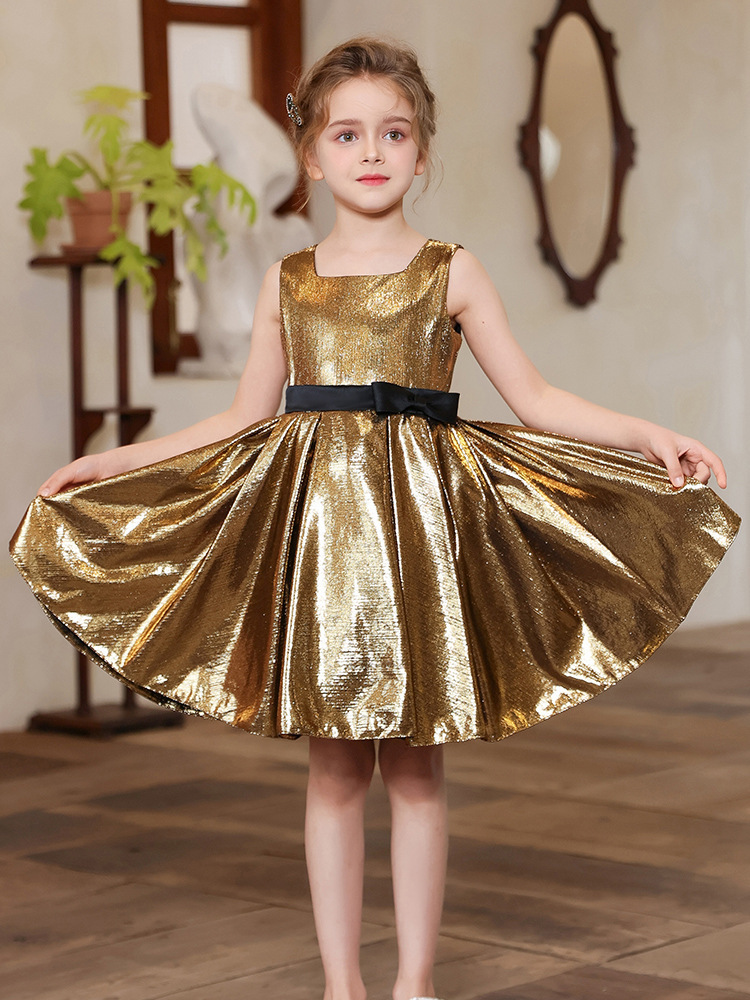 金色及膝鋼琴生日表演小禮服裙