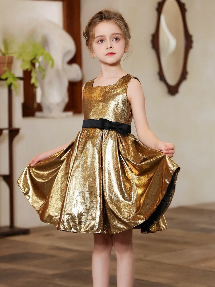 金色及膝鋼琴生日表演小禮服裙