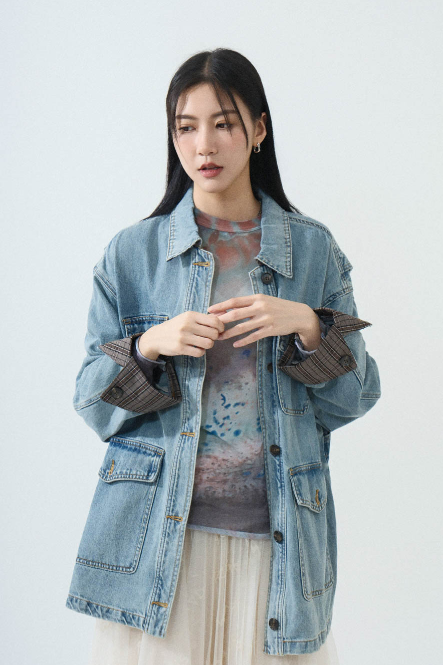 格仔反袖級四袋洗水牛仔褸 (*現貨款式）