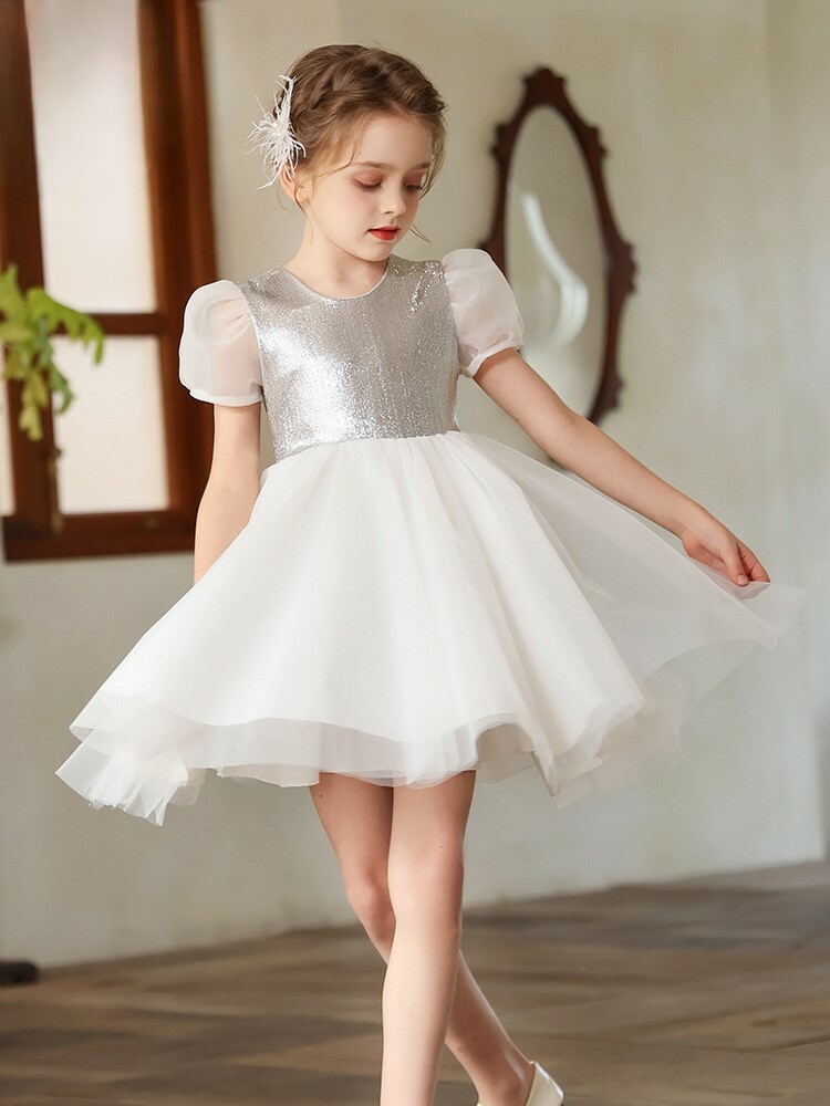 銀色及膝鋼琴生日表演小禮服裙