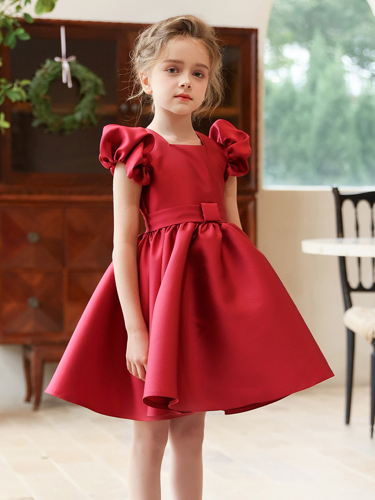 酒紅公主泡泡袖及膝鋼琴生日表演禮服裙