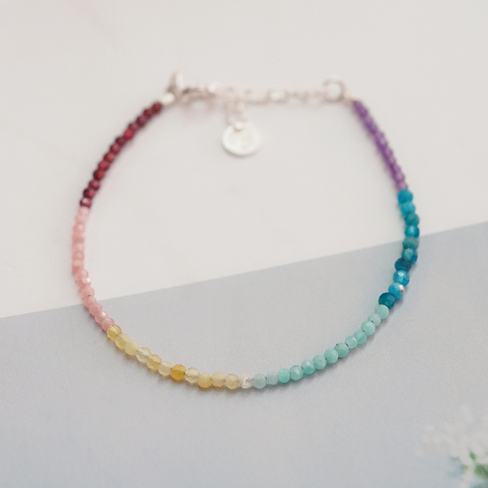 彩虹水晶純銀手鍊/SB076|彩色天然水晶 七脈輪 女生手鏈 情人節禮物 能量石 聖誕禮物禮盒