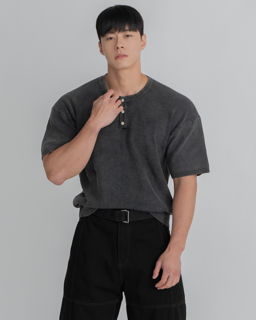 亨利領水洗短袖針織T恤