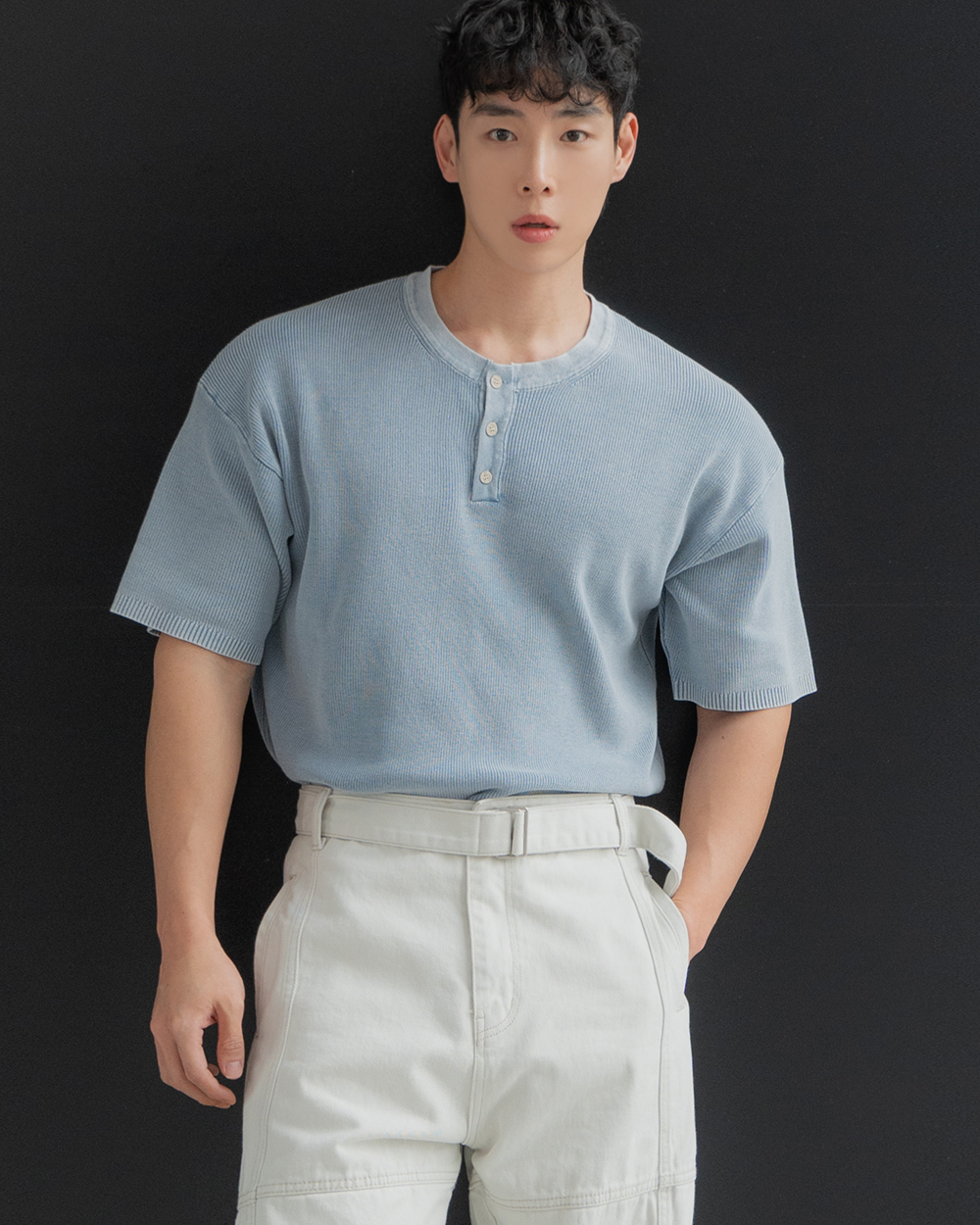 亨利領水洗短袖針織T恤