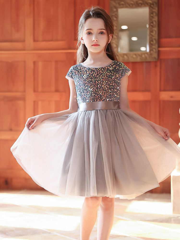 銀光閃爍及膝鋼琴生日表演禮服裙