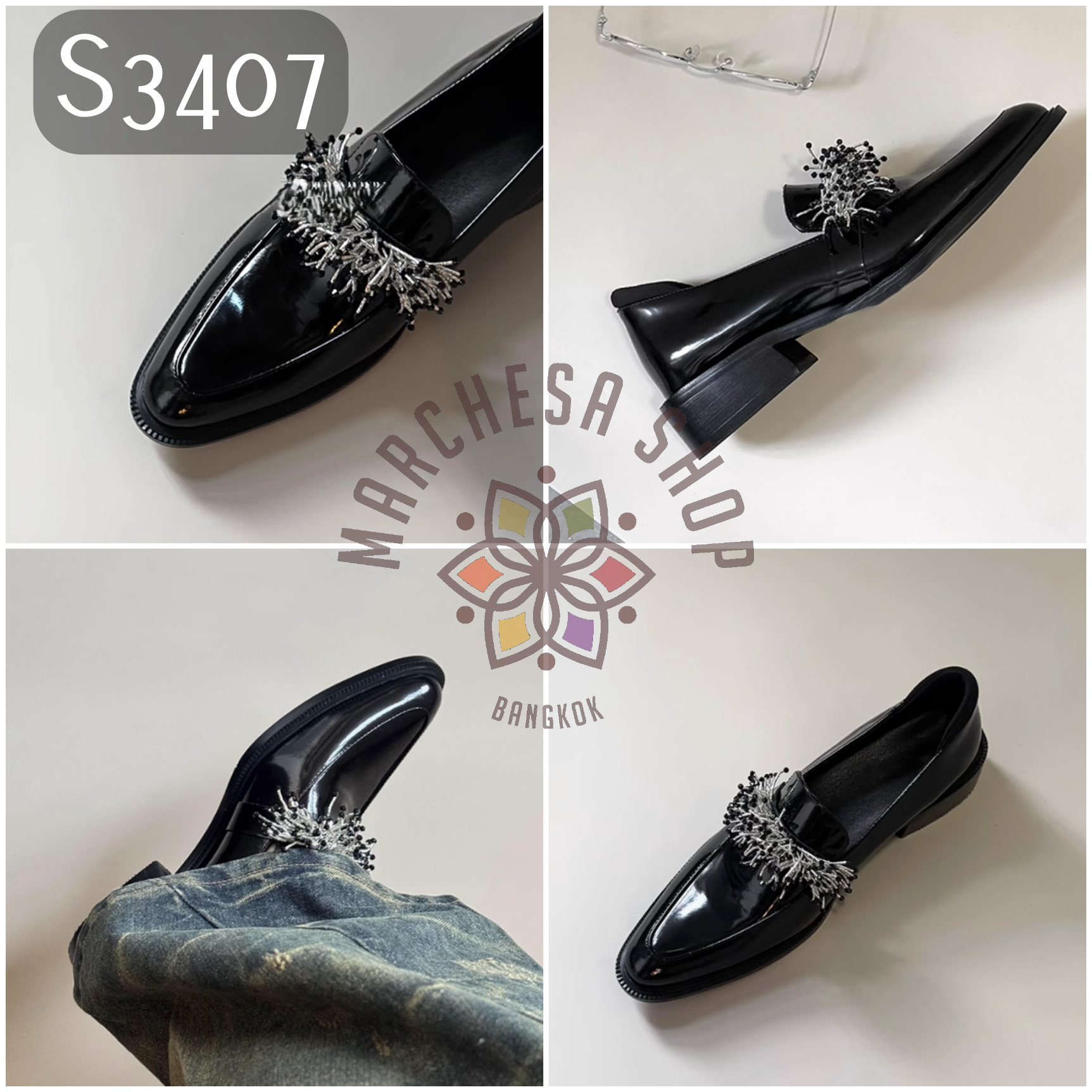 S3407 - 羊漆皮英倫花火尖頭低踭休閒鞋