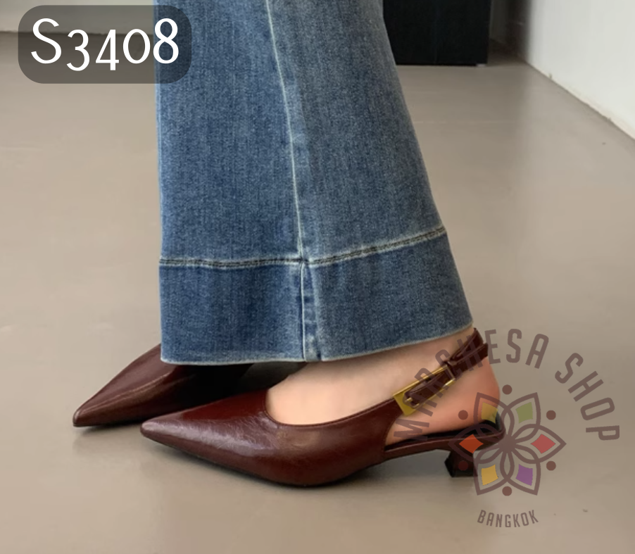 S3408 - 羊皮簡約金扣後踭一字帶尖頭低踭涼鞋