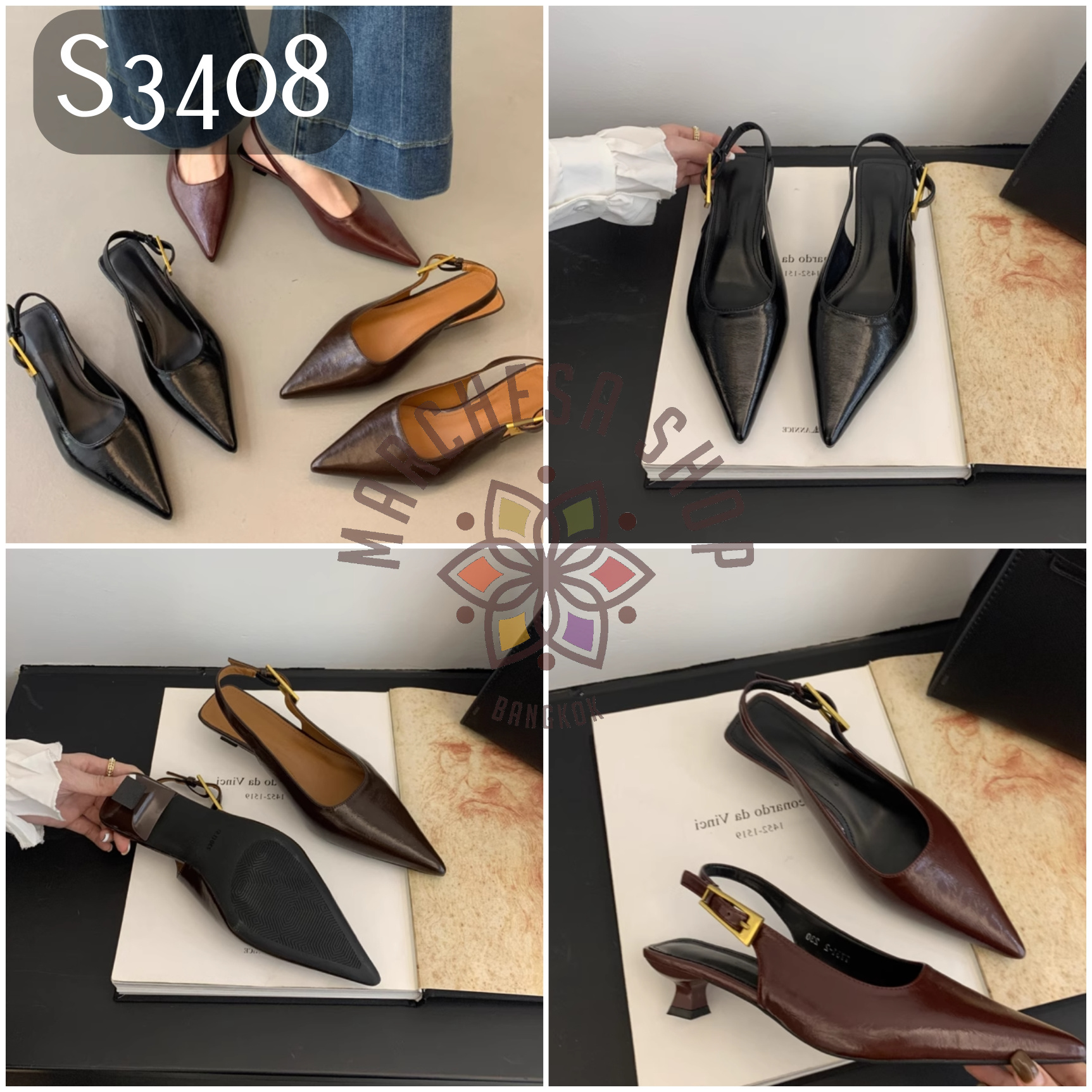 S3408 - 羊皮簡約金扣後踭一字帶尖頭低踭涼鞋