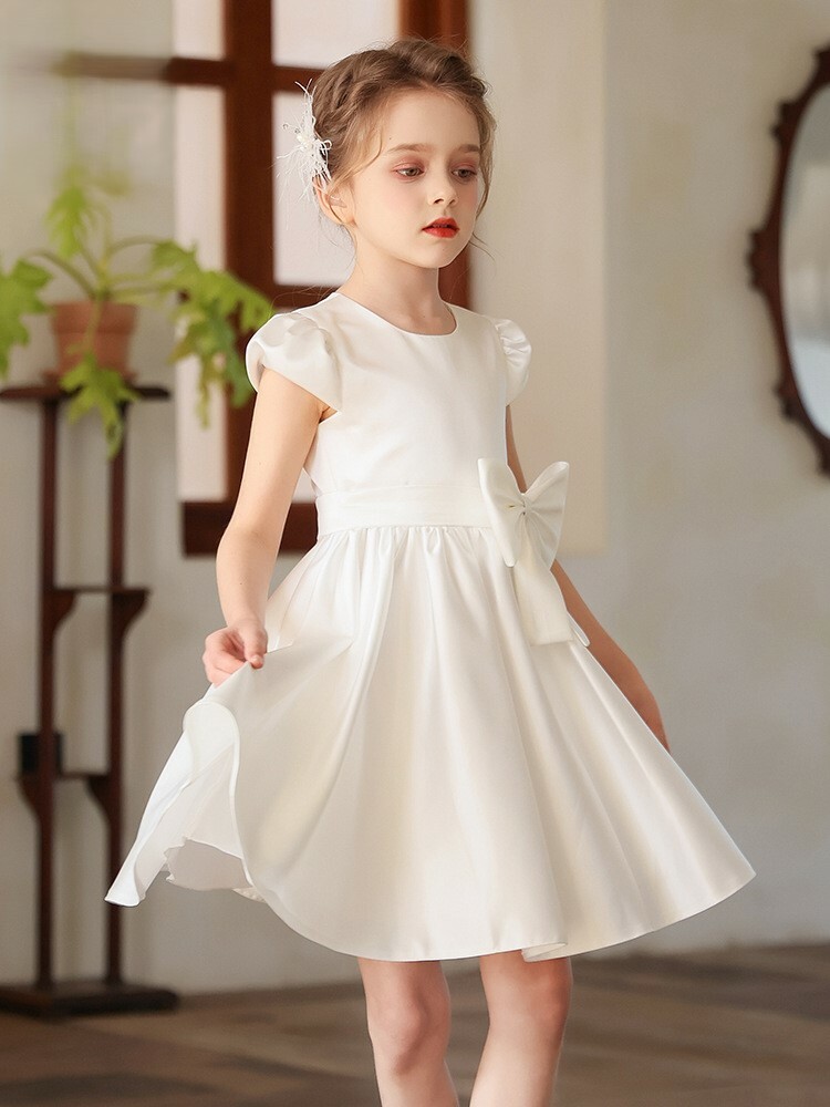 白色優雅及膝鋼琴生日表演禮服裙