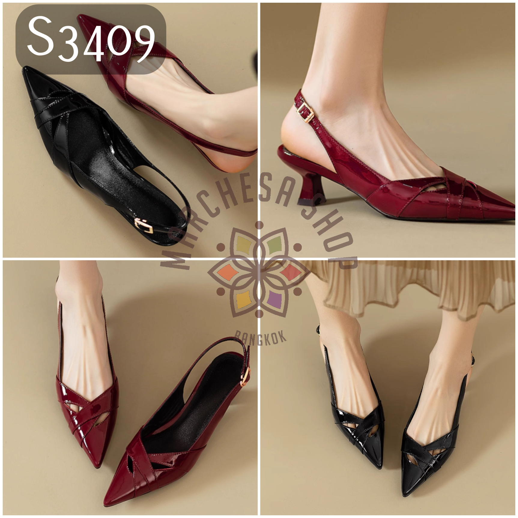 S3409 - 羊漆皮鏤空一字帶尖頭低踭涼鞋